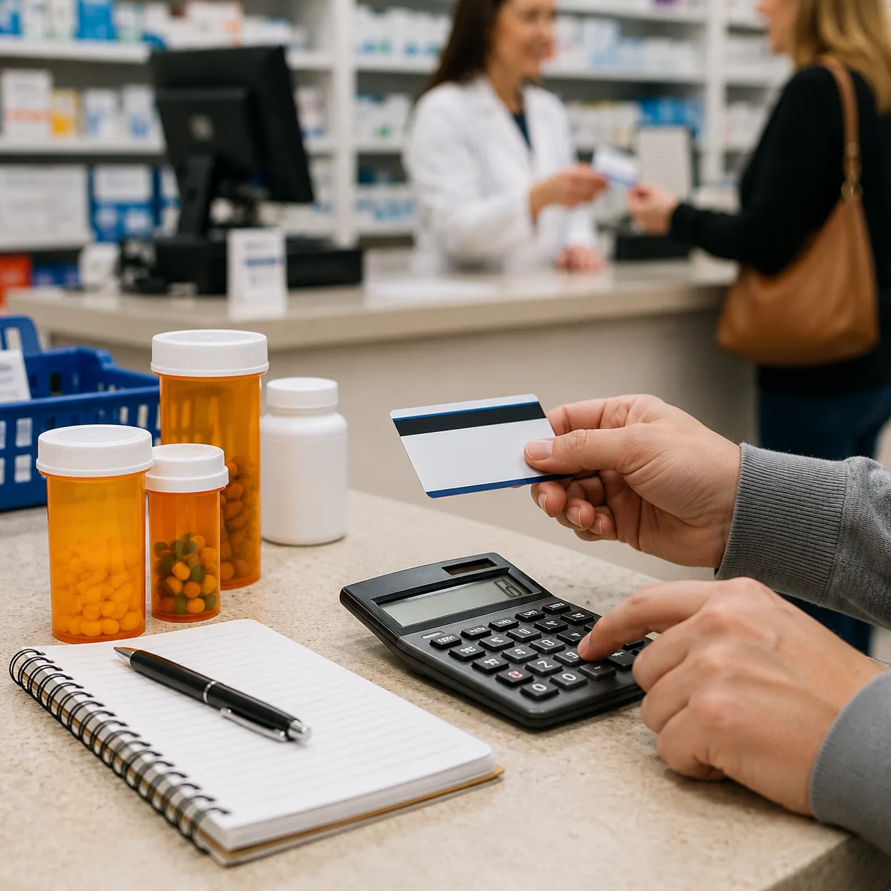 Realistic editorial photo of a pharmacy counter with prescription bottles, insurance card, and calculator, practical con