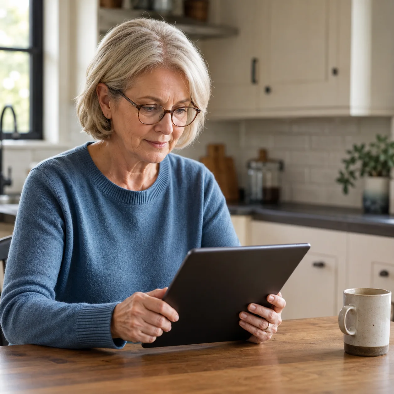 Realistic editorial photo of a retired homeowner reading community emails on a tablet at a kitchen table with coffee nea
