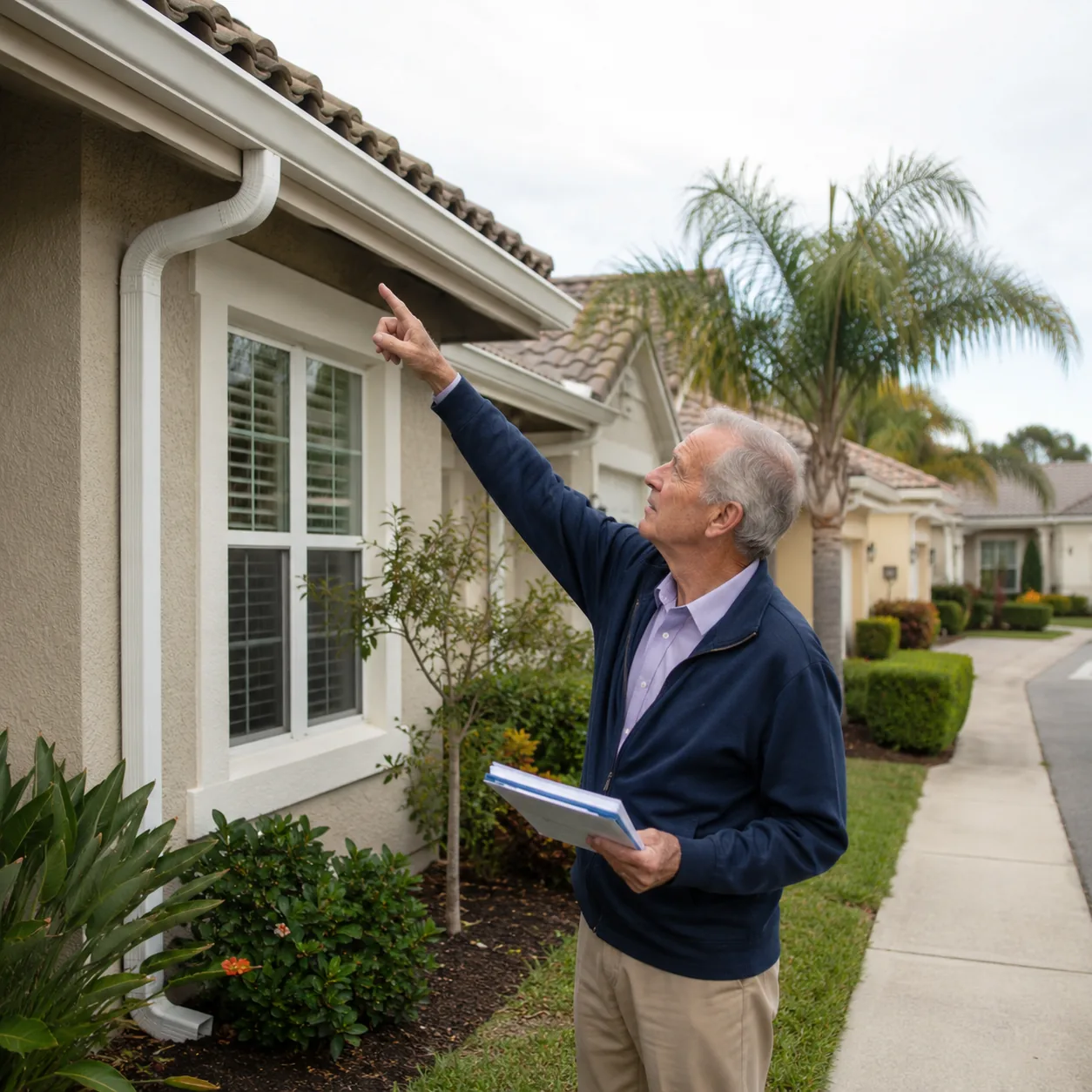Realistic editorial photo of a retirement community home exterior with an older buyer pointing at gutters and landscapin