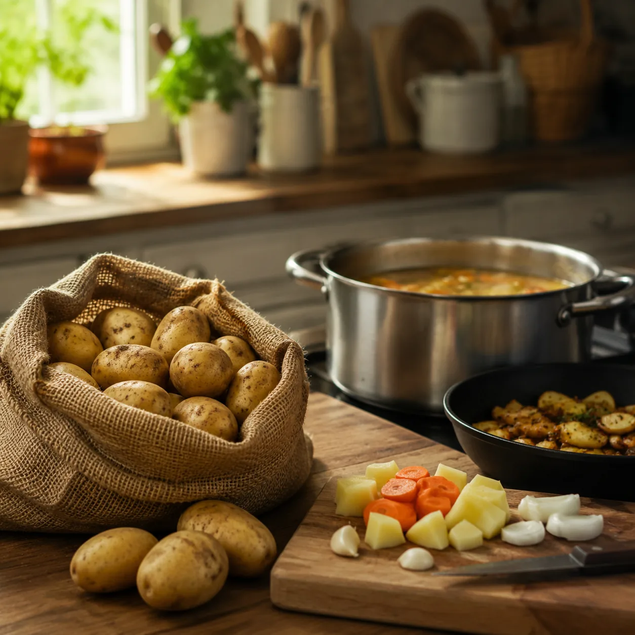 Realistic editorial photo of a sack of potatoes beside a cutting board, soup pot, and skillet in a home kitchen, practic