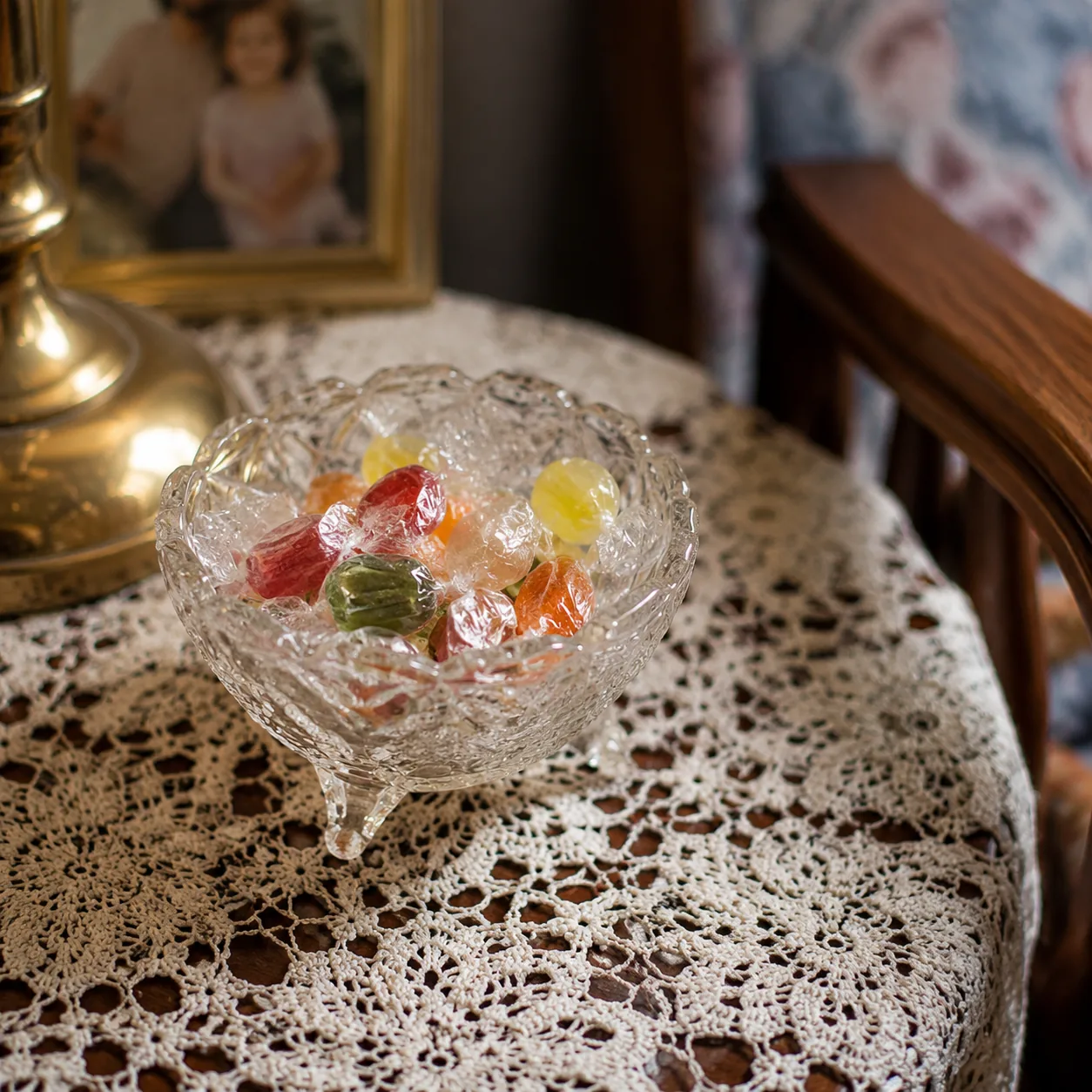 Realistic editorial photo of a small glass candy dish filled with wrapped hard candies on a lace-covered side table, war