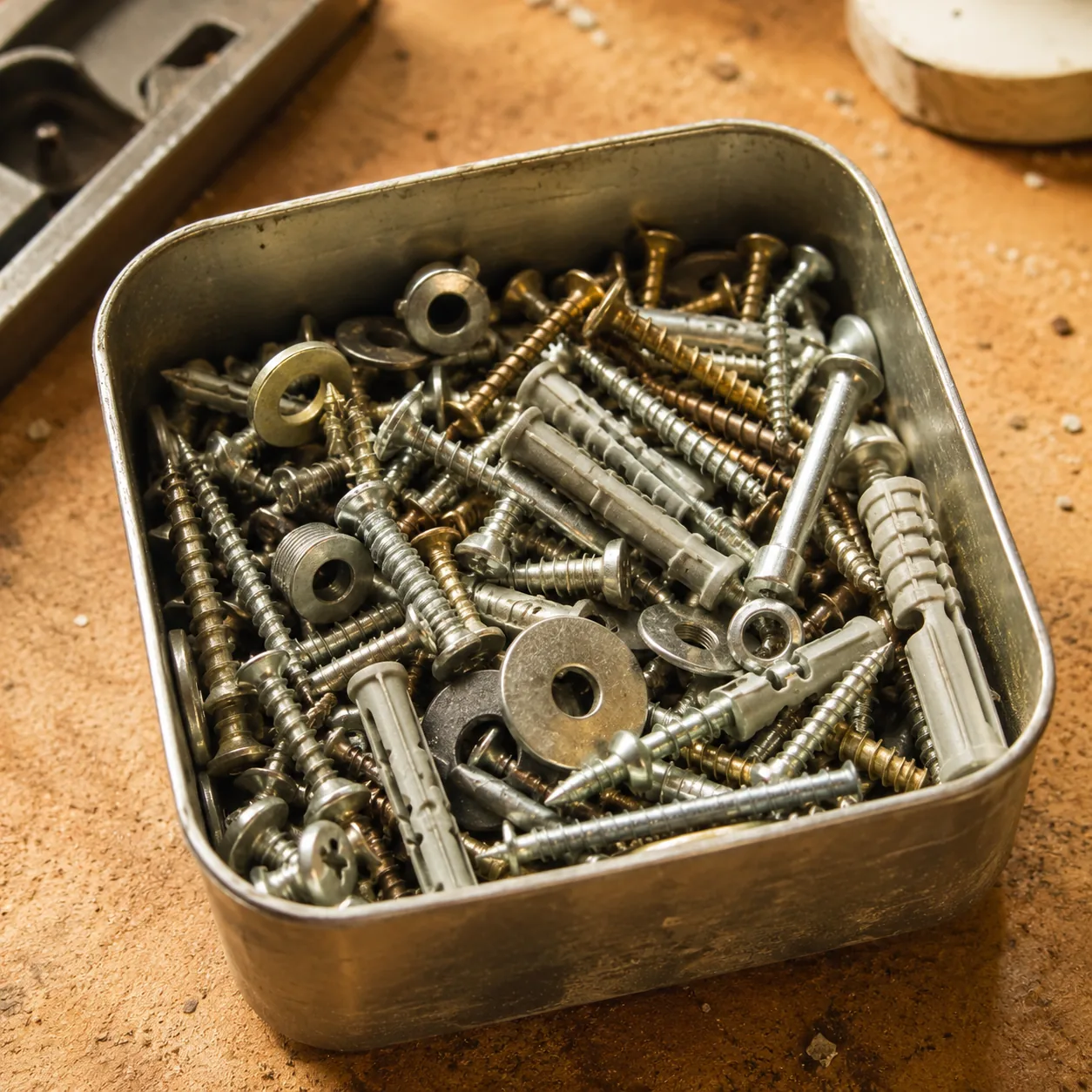 Realistic editorial photo of a small metal tin filled with loose screws, nails, washers, and wall anchors on a workbench