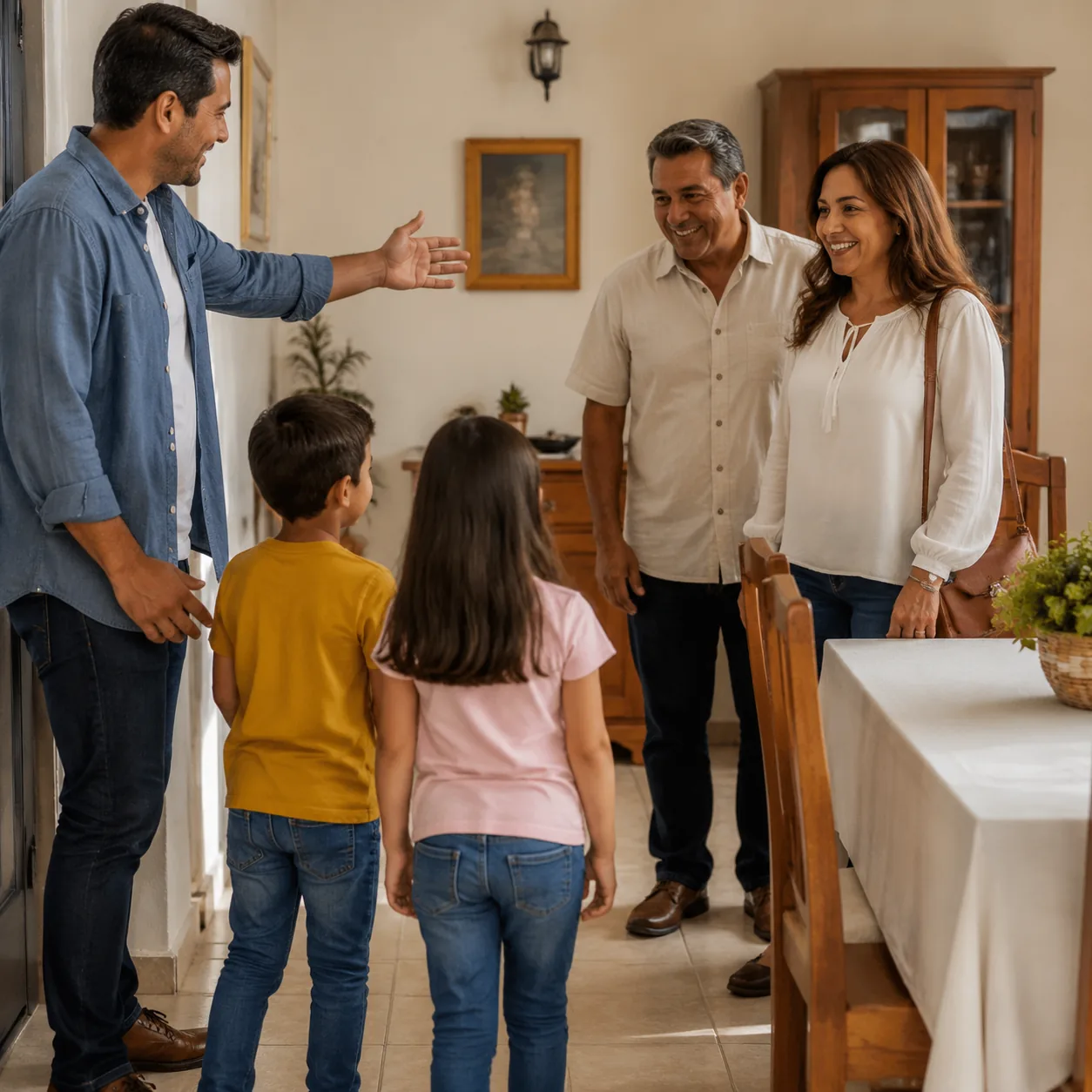 Realistic editorial photo of a tidy Latino dining room where a parent gestures for children to greet visiting relatives,