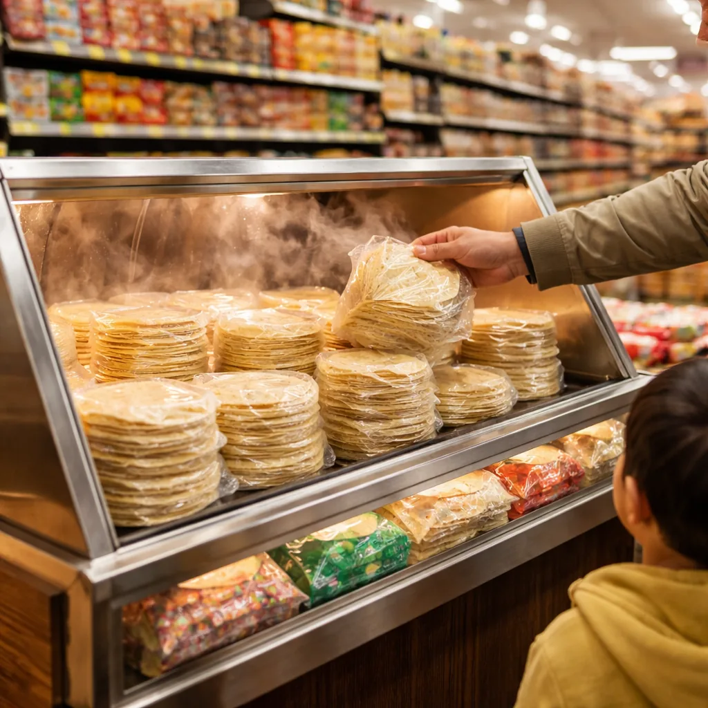 Realistic editorial photo of a tortilla cooler and fresh tortilla packages in a Latino supermarket aisle with a parent r