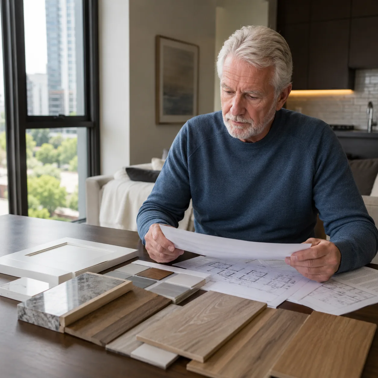 Realistic editorial photo of an older condo buyer reviewing renovation samples and approval forms with flooring and cabi
