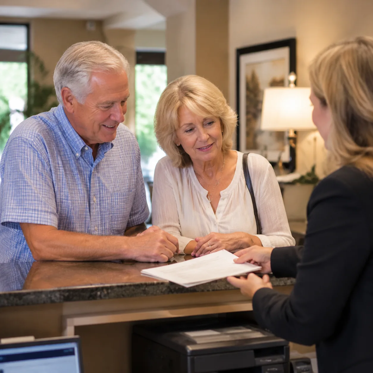 Realistic editorial photo of an older couple asking for community rule documents at a reception desk, practical retireme