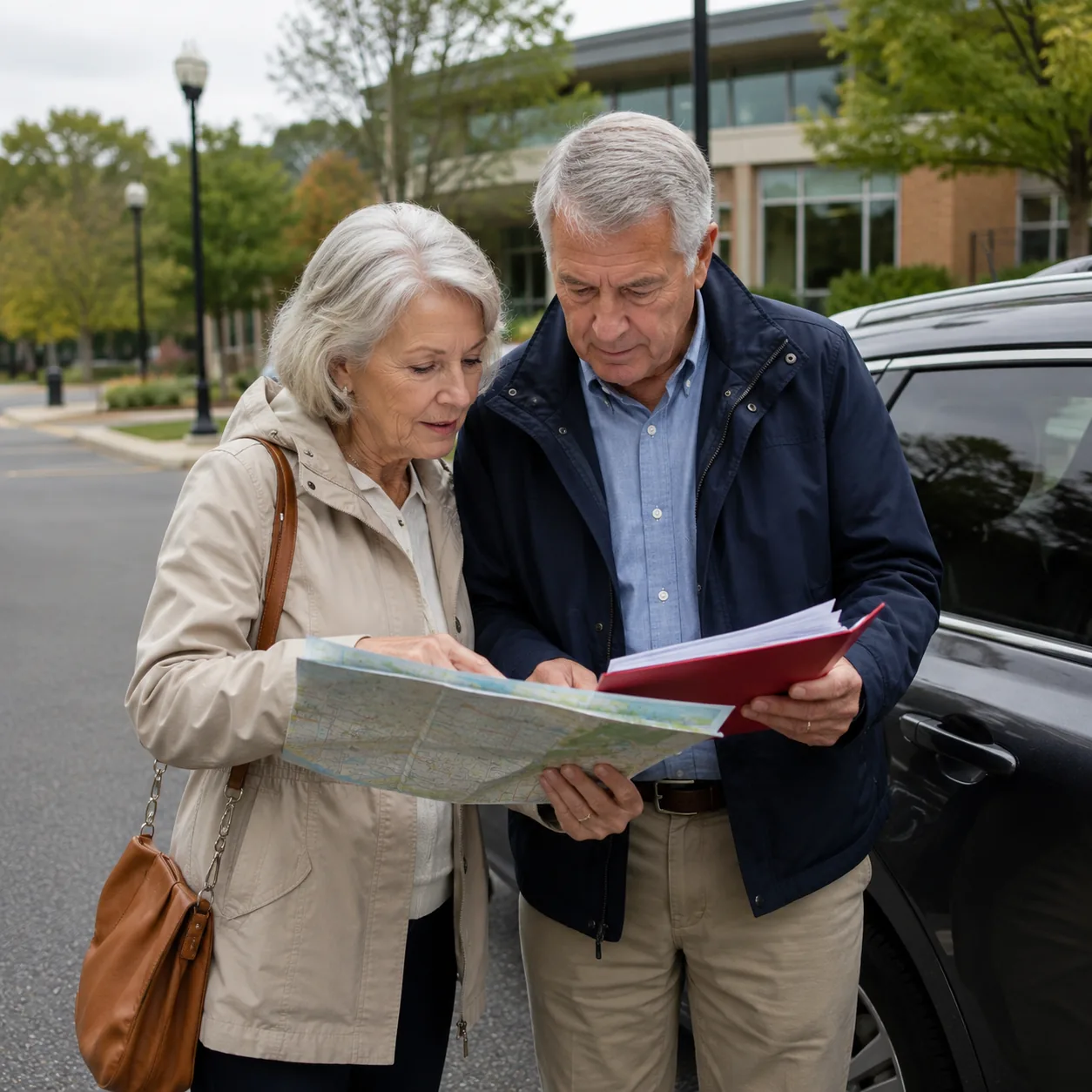 Realistic editorial photo of an older couple checking a map and medical appointment folder beside a parked car, practica