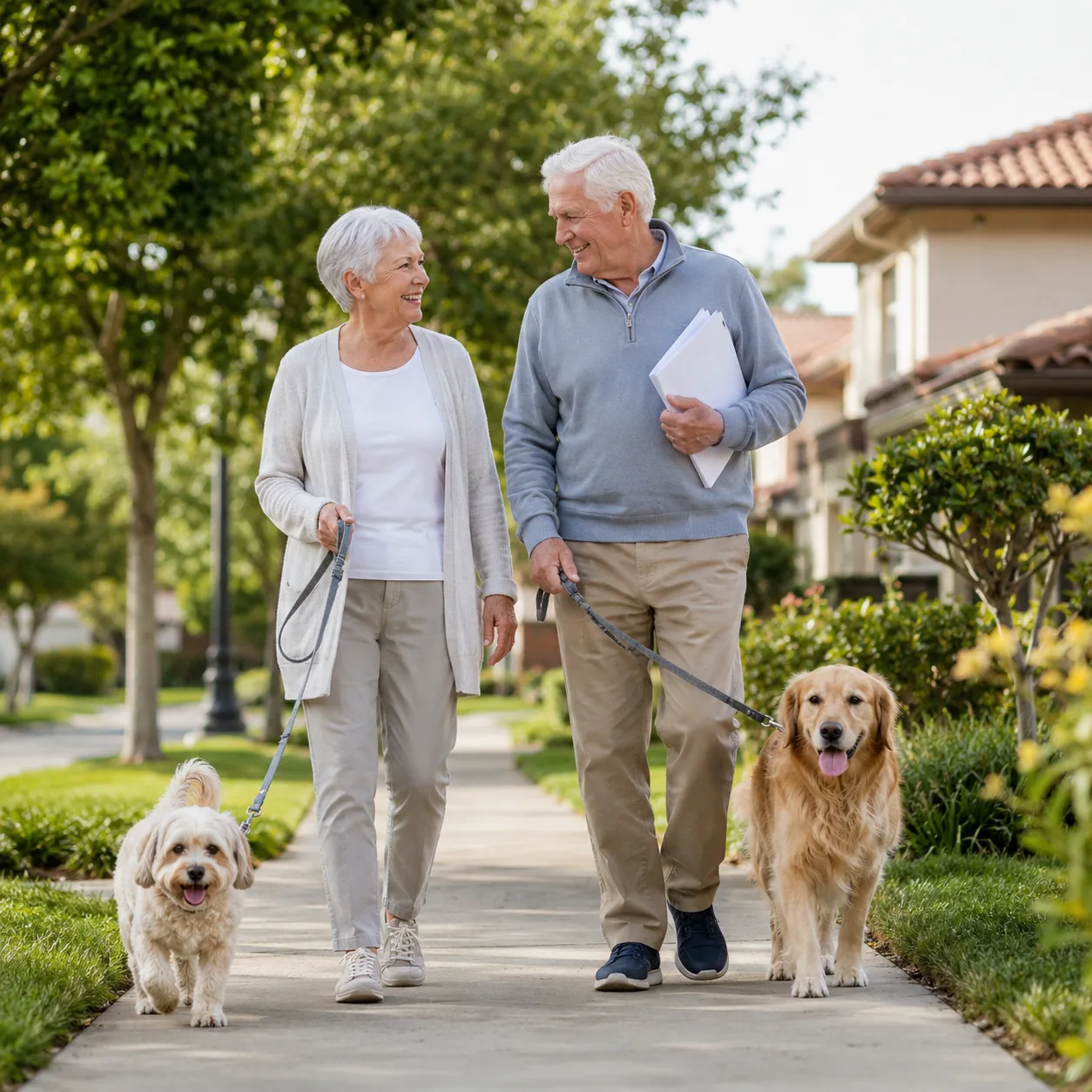 Realistic editorial photo of an older couple walking two dogs on a retirement community sidewalk with rule papers tucked