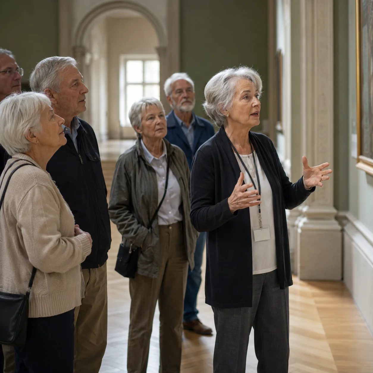 Realistic editorial photo of an older museum docent leading a small group through a quiet gallery, practical retirement