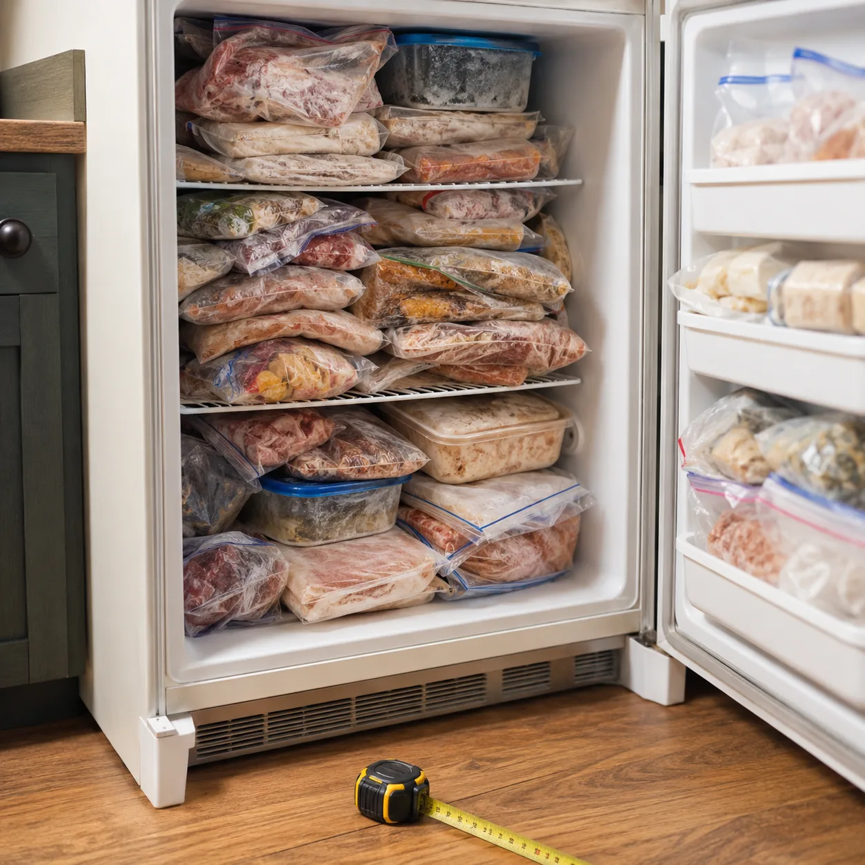 Realistic editorial photo of an overfilled home freezer with labeled bags and a measuring tape nearby, practical kitchen