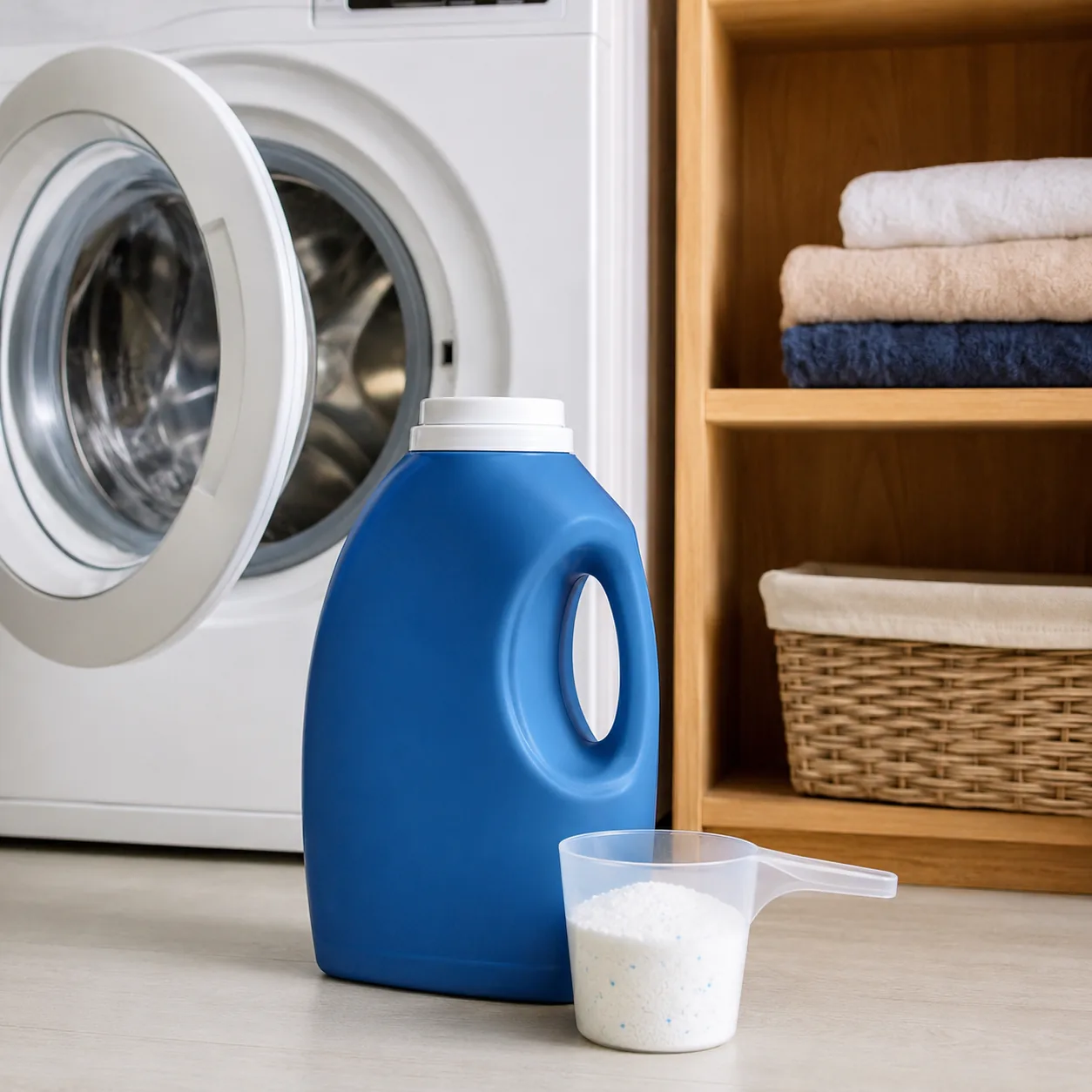Realistic editorial photo of bulk laundry detergent beside a washer, measuring cup, and cabinet shelf, practical home ca