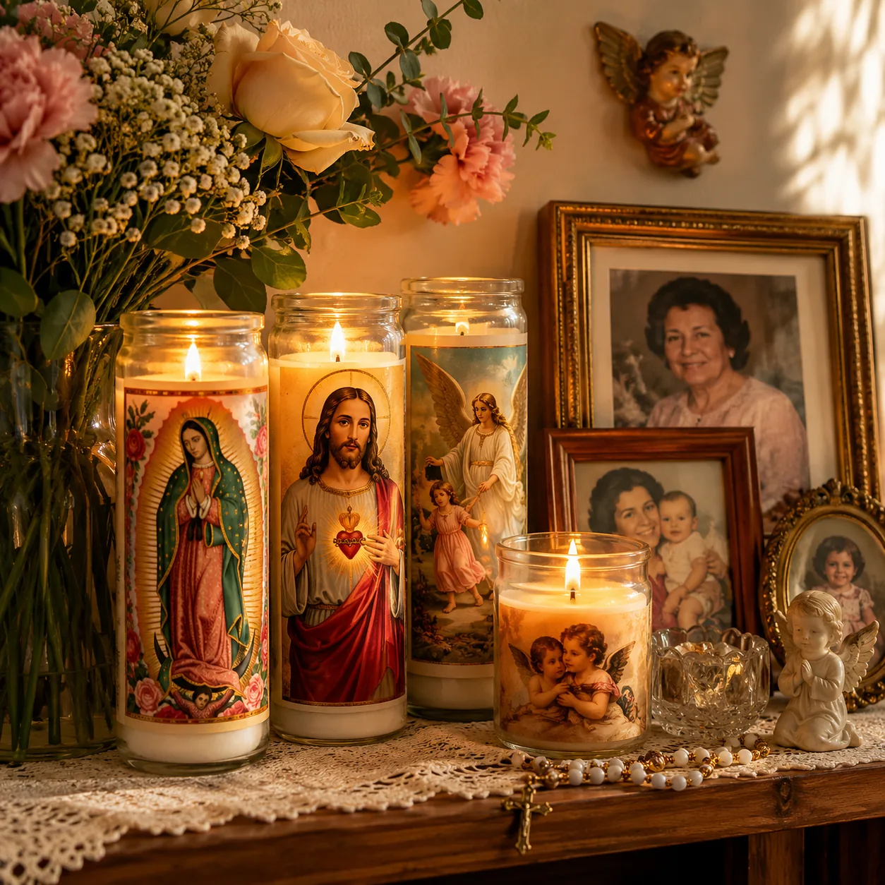 Realistic editorial photo of devotional candles on a small home shelf beside flowers and framed family photos, warm natu