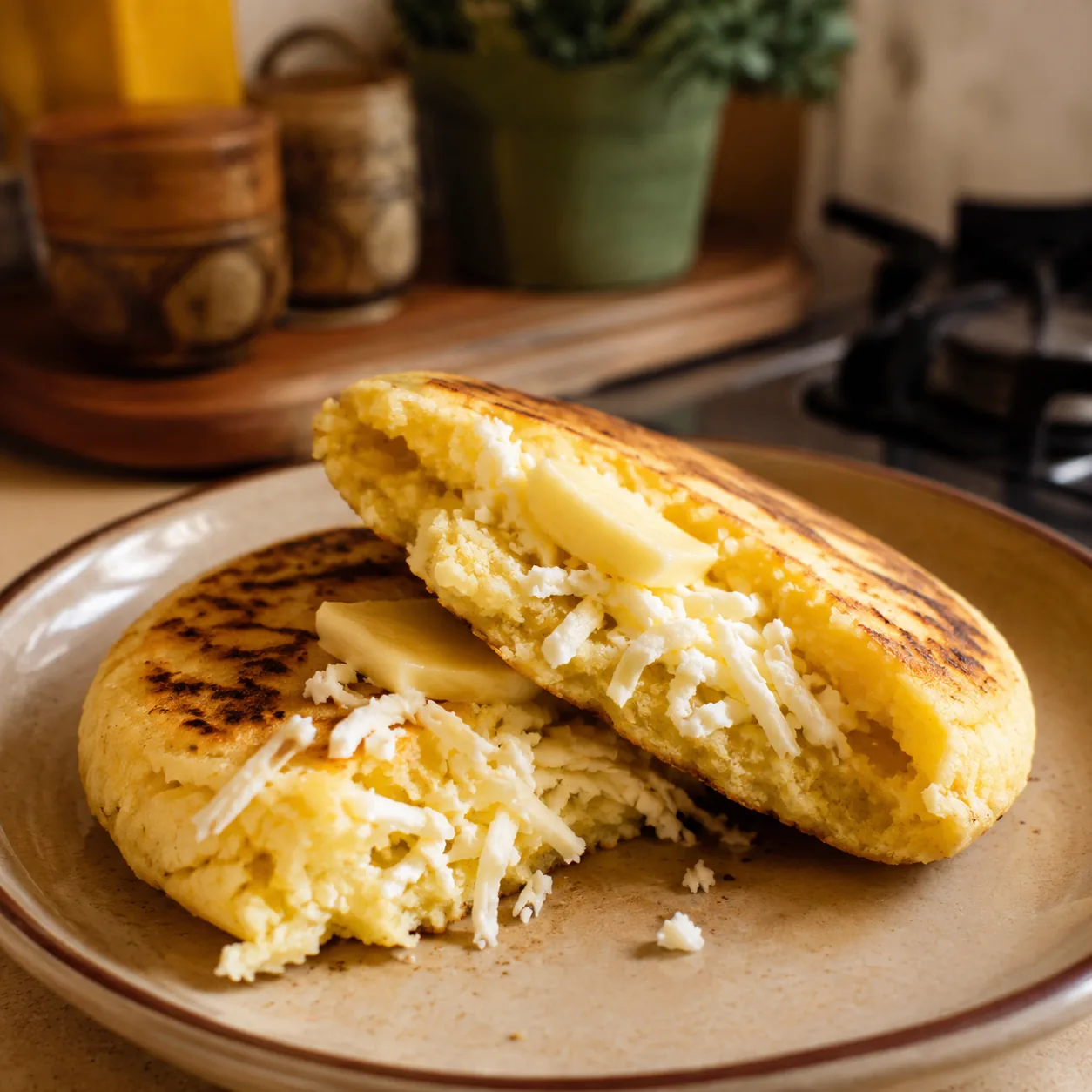 Realistic editorial photo of freshly cooked arepas split open with butter and cheese on a kitchen plate, warm natural li