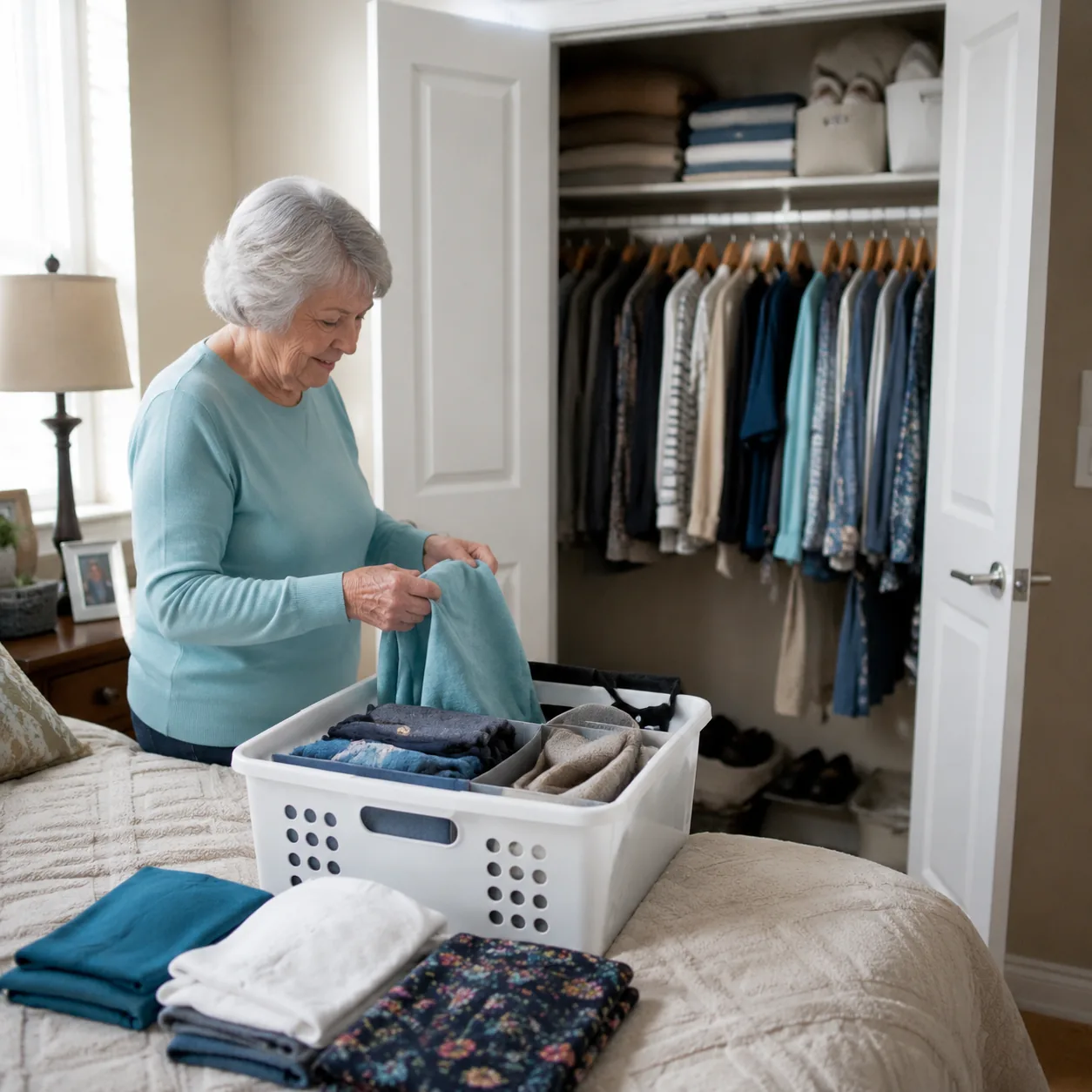 Realistic editorial photo of labeled laundry basket, folded clothes, and assisted living closet in a resident apartment,
