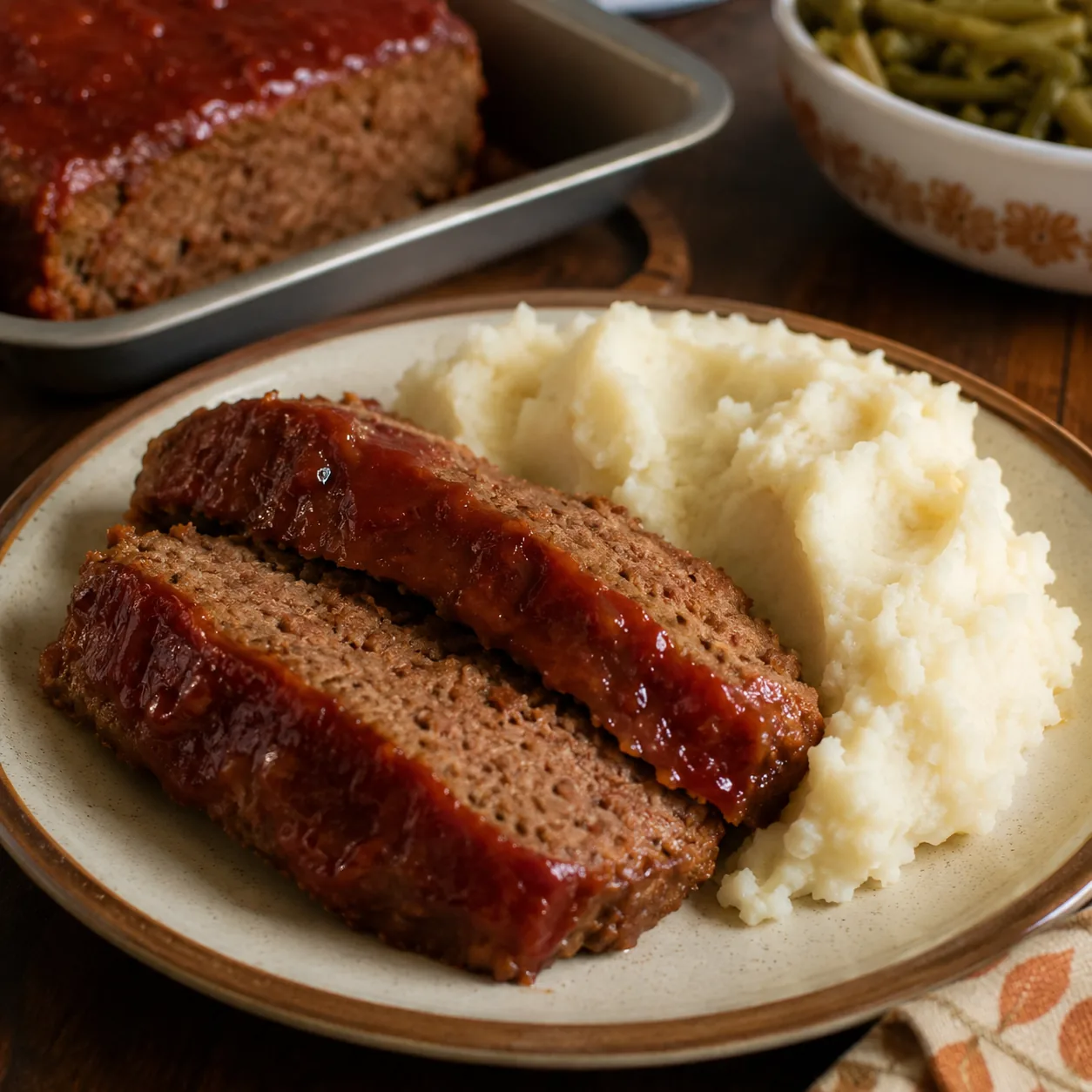 Realistic editorial photo of sliced meatloaf with a glossy ketchup glaze beside mashed potatoes on a family dinner plate
