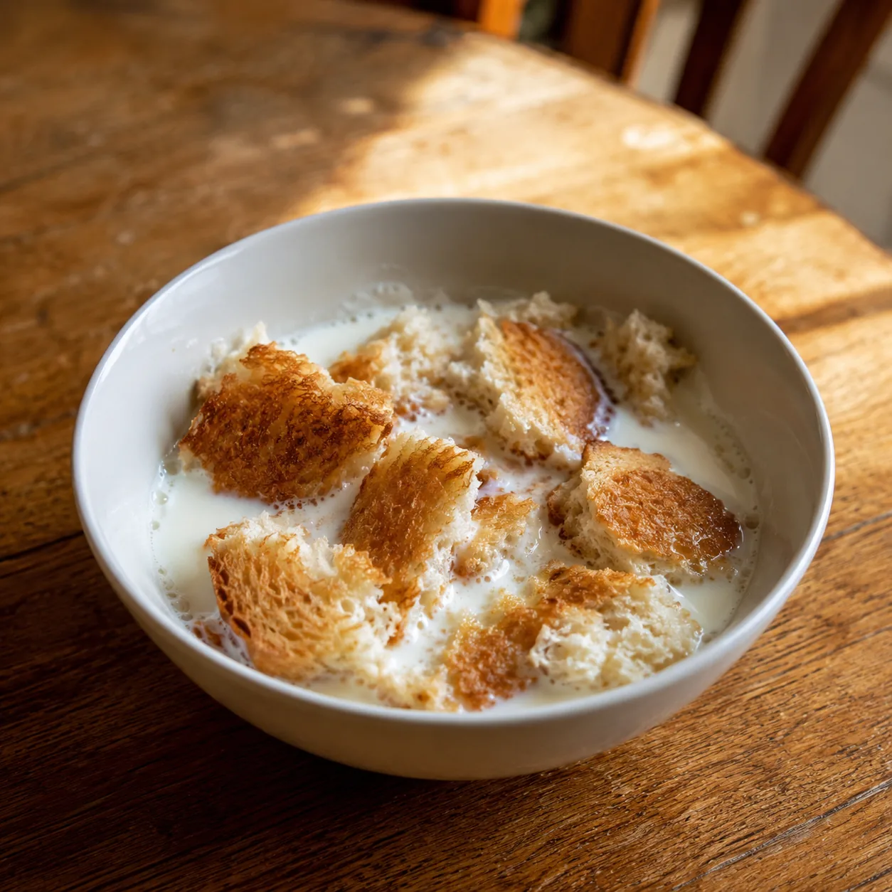 Realistic editorial photo of torn toast in warm milk in a plain bowl on a kitchen table, practical old-fashioned comfort