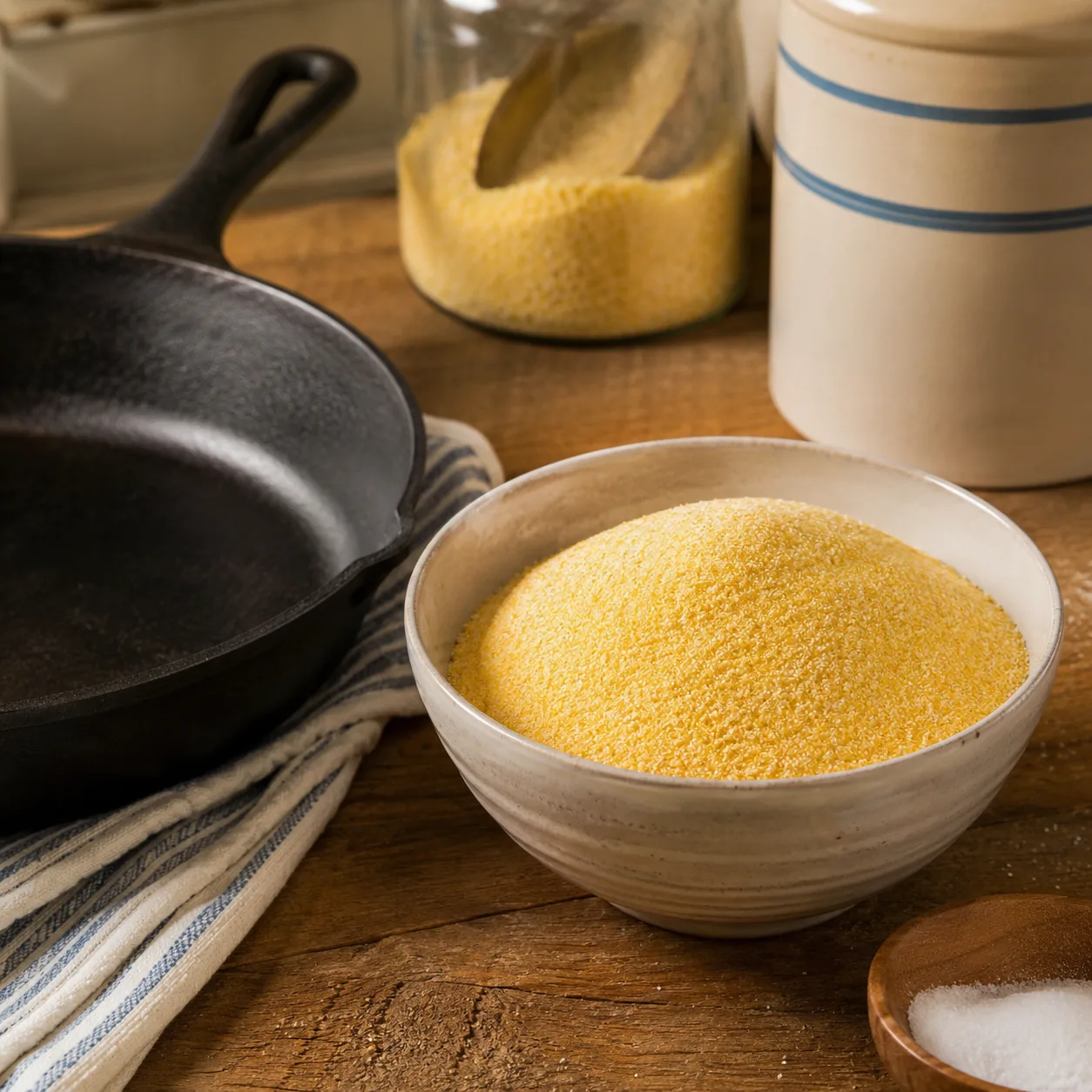 Realistic editorial photo of yellow cornmeal in a ceramic bowl beside a cast iron skillet and simple pantry staples, pra