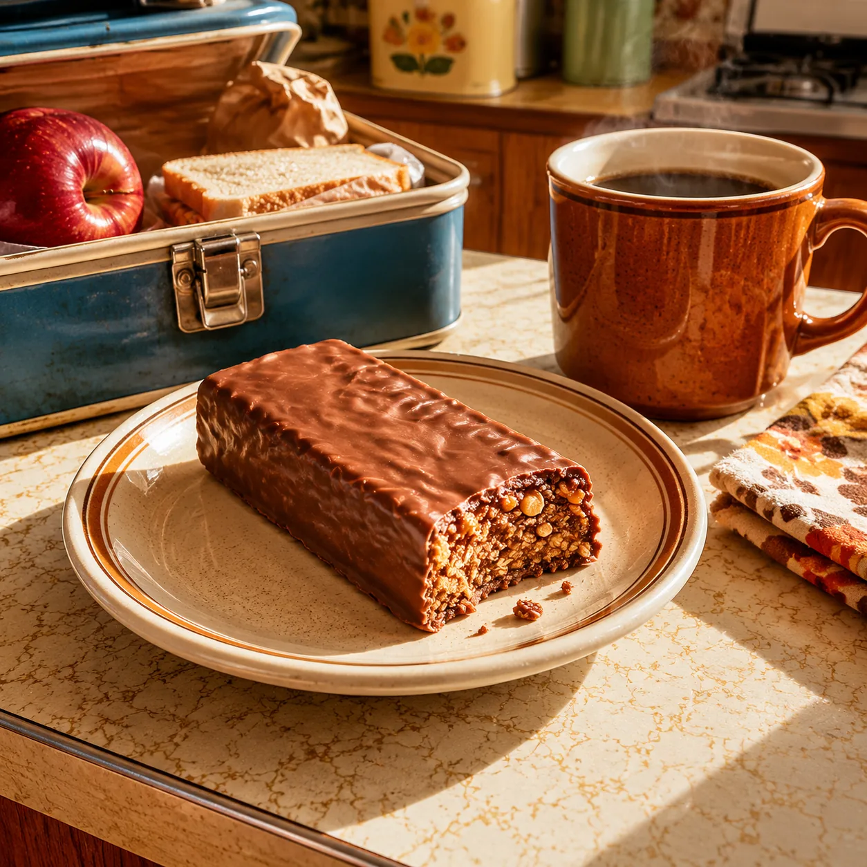 Realistic editorial photo of a chocolate meal bar on a saucer beside a lunchbox, coffee mug, and kitchen counter, practi