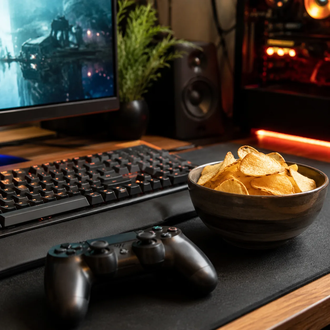 Realistic editorial photo of a gaming desk with keyboard, controller, and snack bowl, practical entertainment style, 1:1