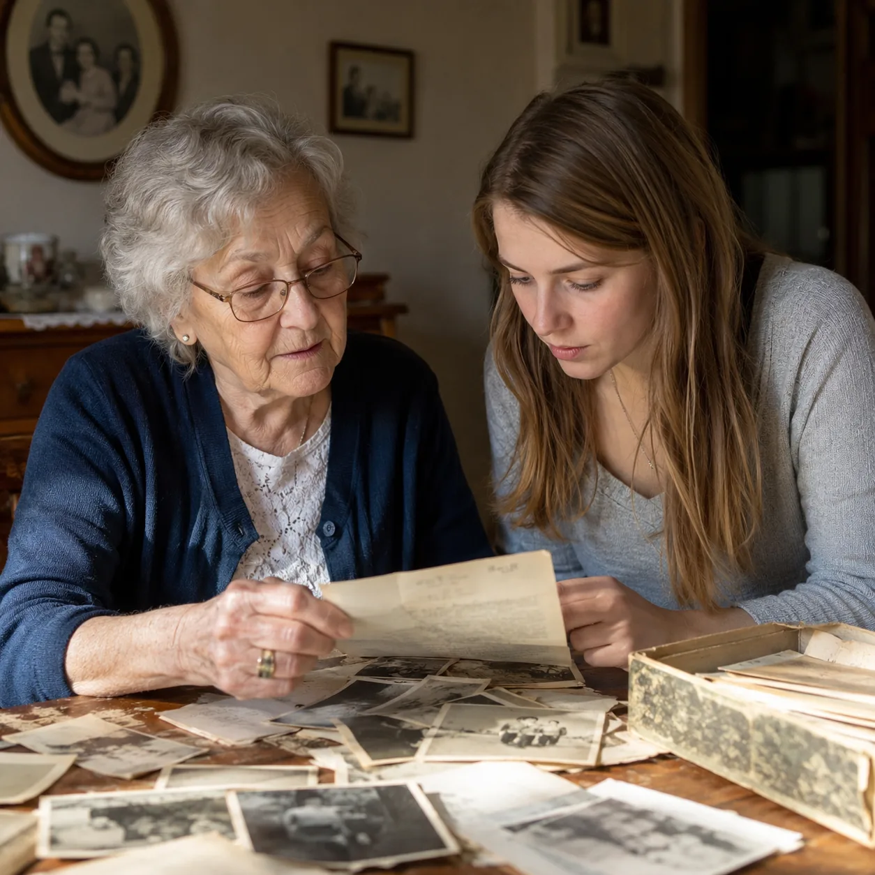 Realistic editorial photo of a grandparent sitting with a younger relative at a quiet table with old bills and family ph