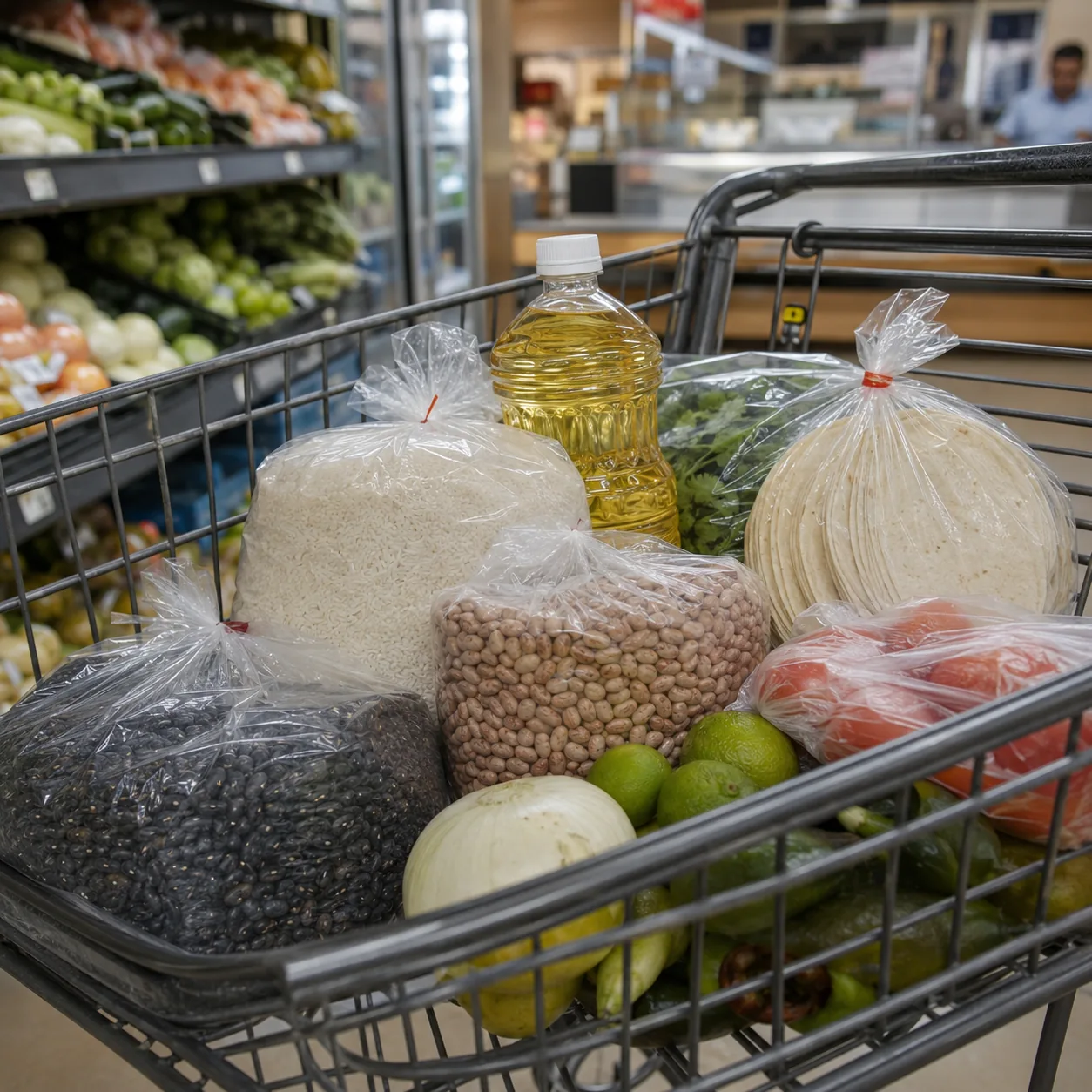Realistic editorial photo of a grocery cart with bulk rice, beans, cooking oil, tortillas, and produce in a modest Latin