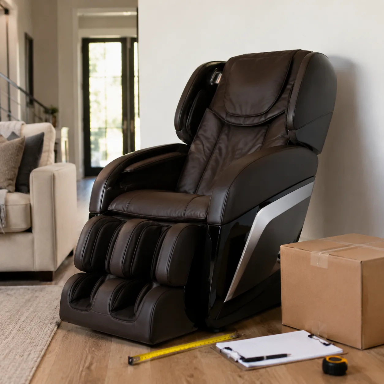 Realistic editorial photo of a large massage chair in a living room with measuring tape and delivery paperwork nearby, p
