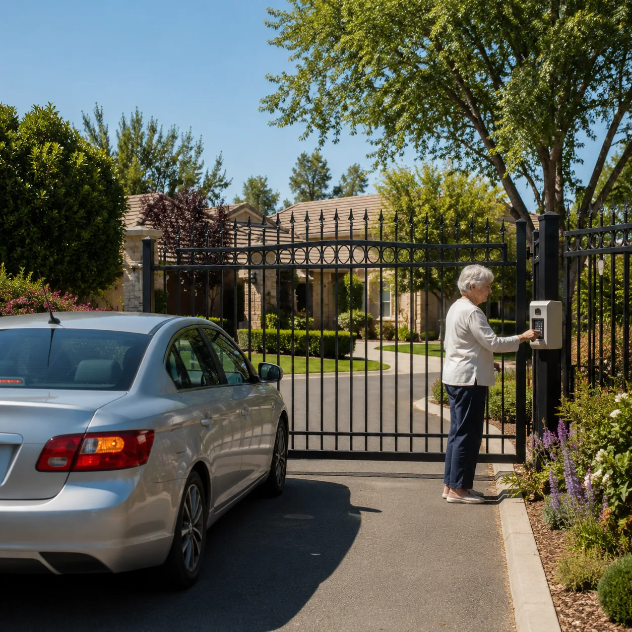 Realistic editorial photo of a retirement community gated entrance with a visitor car waiting and an older resident usin