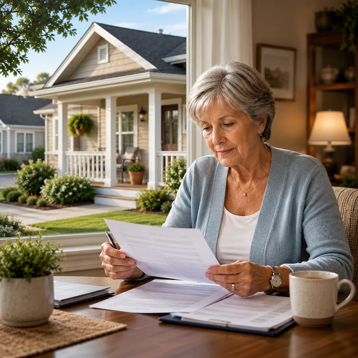 Realistic editorial photo of a retirement community home with a small porch and an older owner reviewing rental policy p