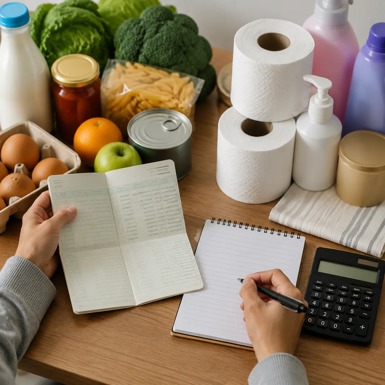 Realistic editorial photo of a savings booklet, grocery list, and household supplies on a table with no readable text, p