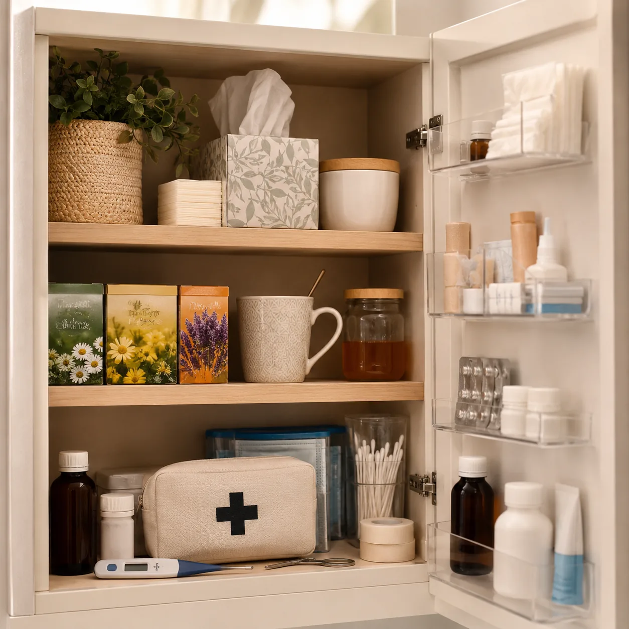 Realistic editorial photo of a tidy home medicine cabinet with tea, thermometer, tissues, and basic first aid supplies,