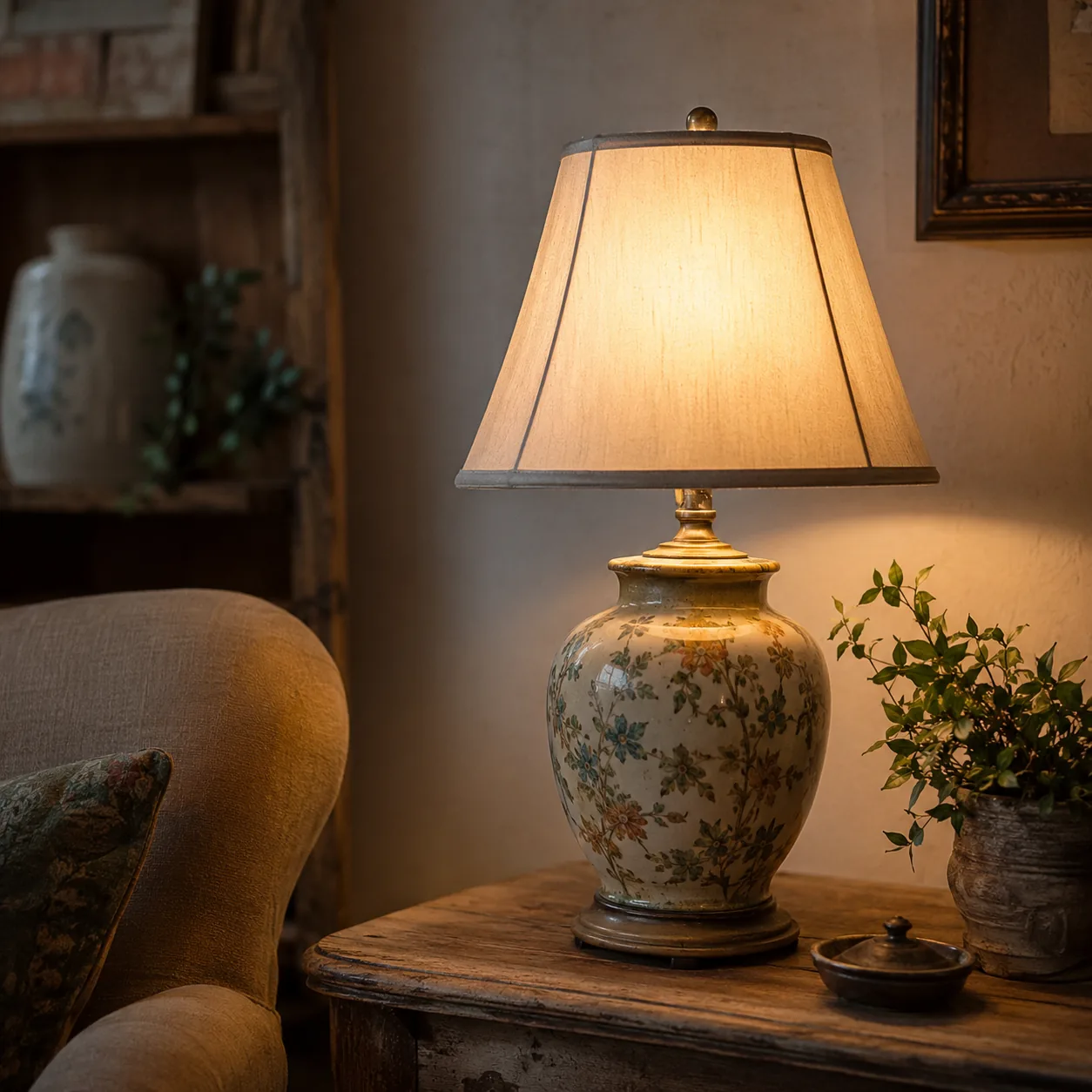 Realistic editorial photo of a vintage ceramic table lamp with fabric shade on an old side table, cozy living room, 1:1