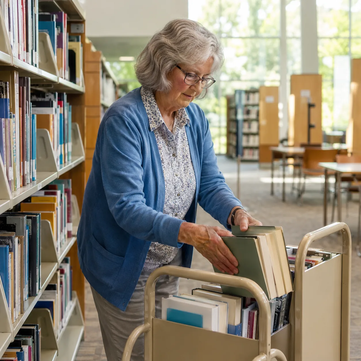 Realistic editorial photo of an older library assistant shelving books on a low cart in a bright public library, practic