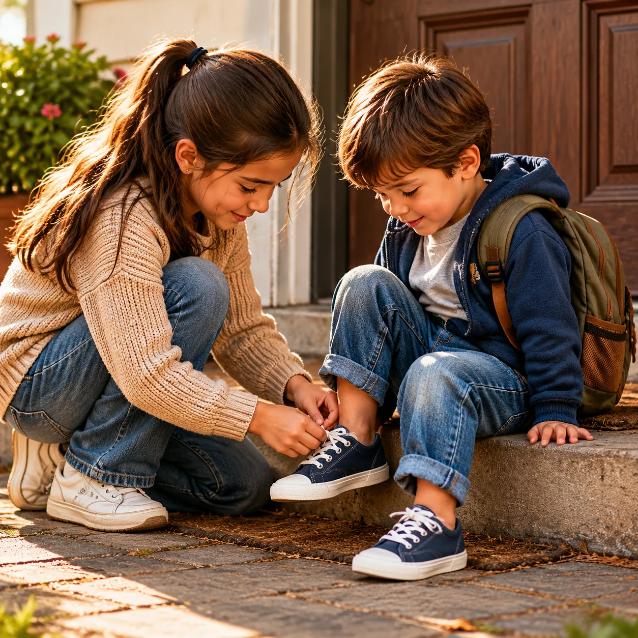 Realistic editorial photo of an older sibling helping a younger child tie a shoe near a front door, warm natural light, 