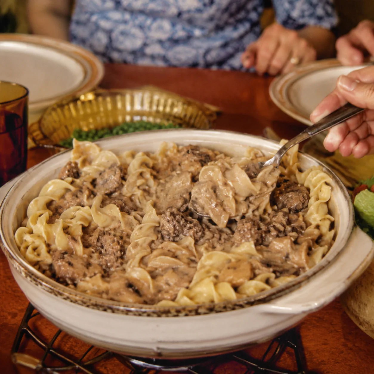 Realistic editorial photo of beef stroganoff with egg noodles and creamy mushroom sauce in a serving bowl, practical 197