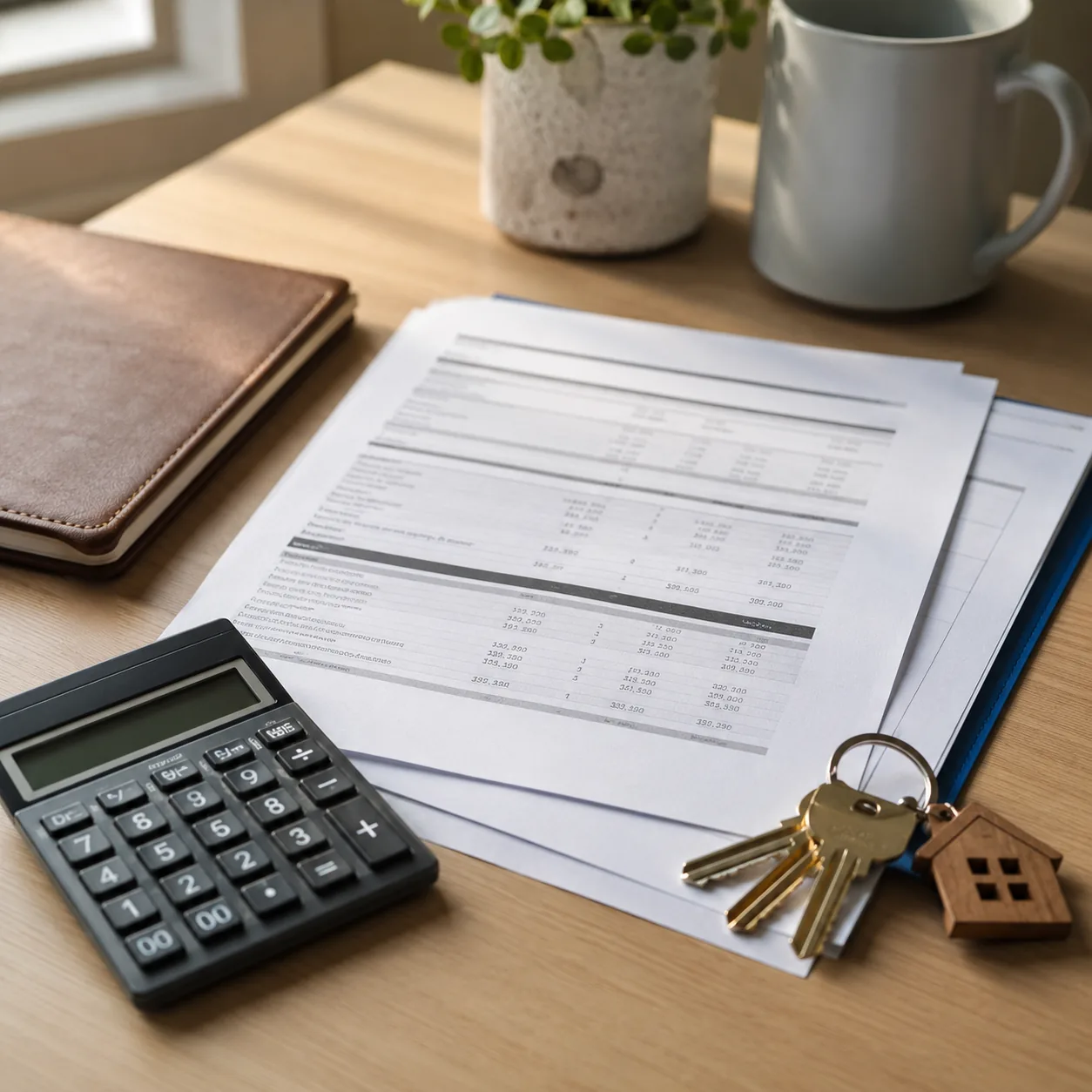 Realistic editorial photo of closing cost estimate papers, calculator, and keys on a neutral desk, warm daylight, realis