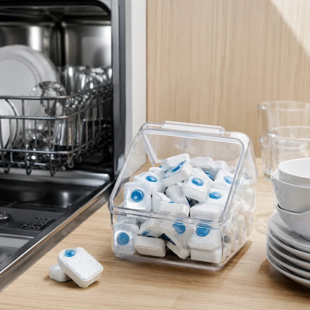 Realistic editorial photo of dishwasher tabs in a storage container beside a dishwasher and clean dishes, practical home
