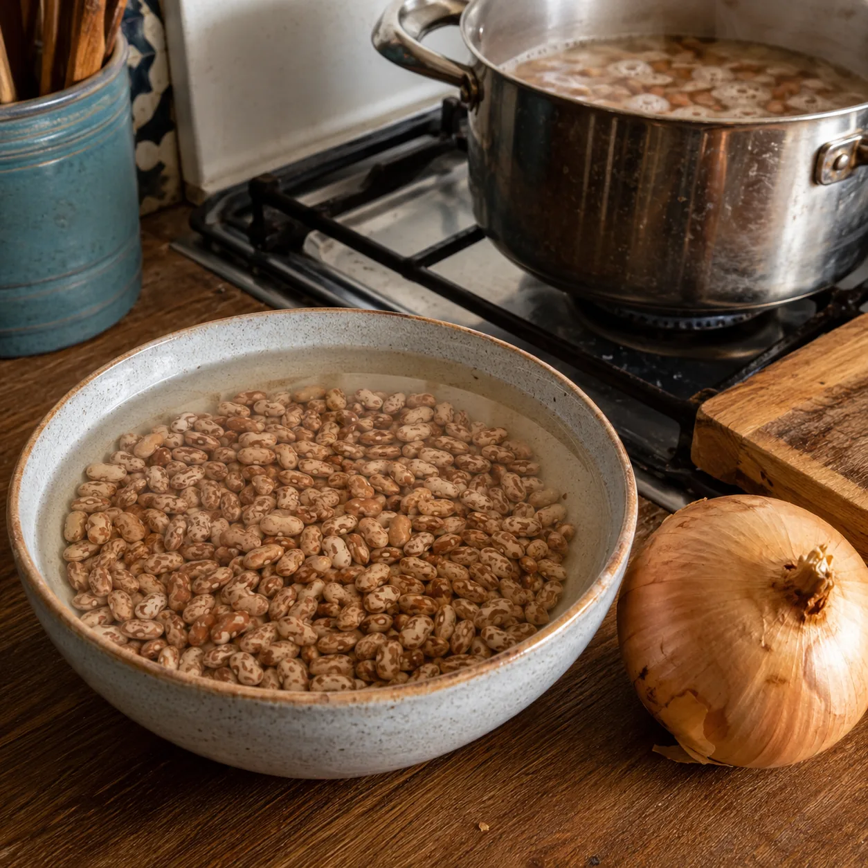 Realistic editorial photo of dried beans soaking in a bowl beside a simmering pot and onion on a kitchen counter, practi