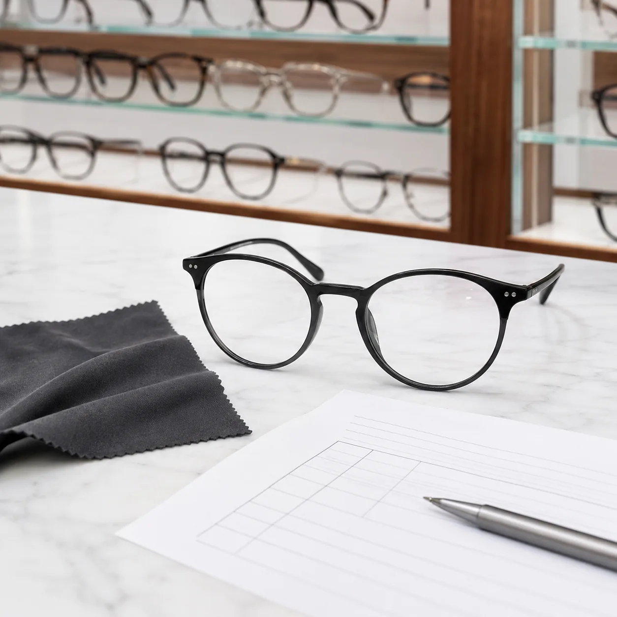 Realistic editorial photo of eyeglass frames on a clean optical counter beside a lens cloth and prescription slip, pract