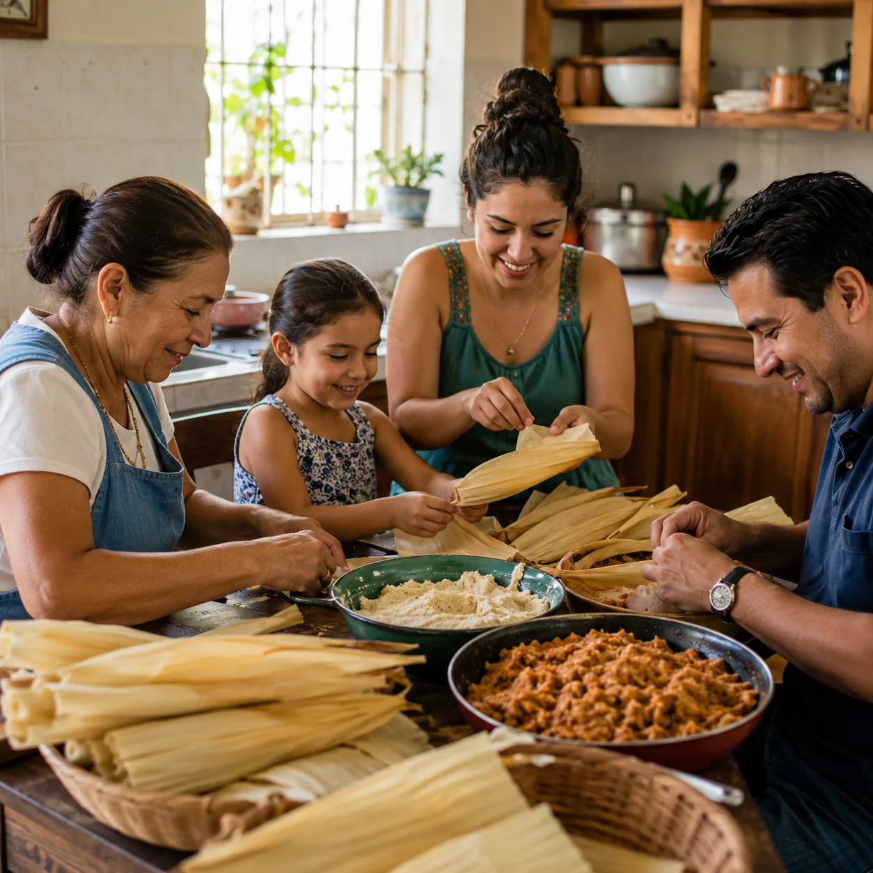 Realistic editorial photo of family members assembling tamales together around a kitchen table with corn husks and bowls