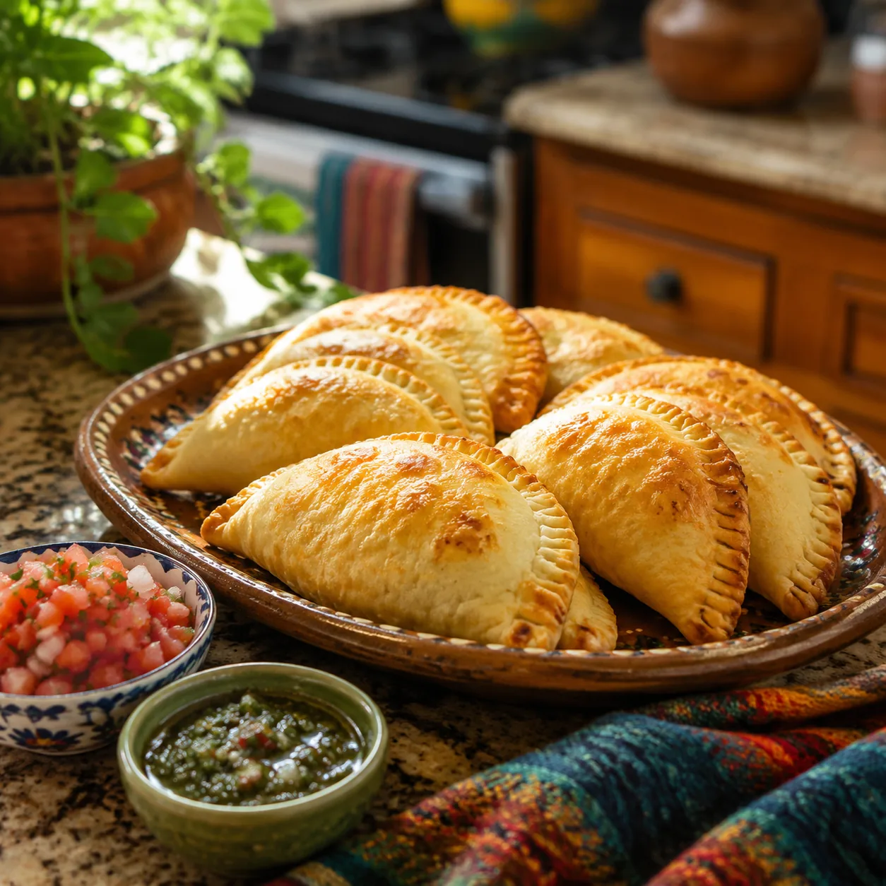 Realistic editorial photo of golden homemade empanadas on a platter with small bowls of salsa on a family kitchen counte