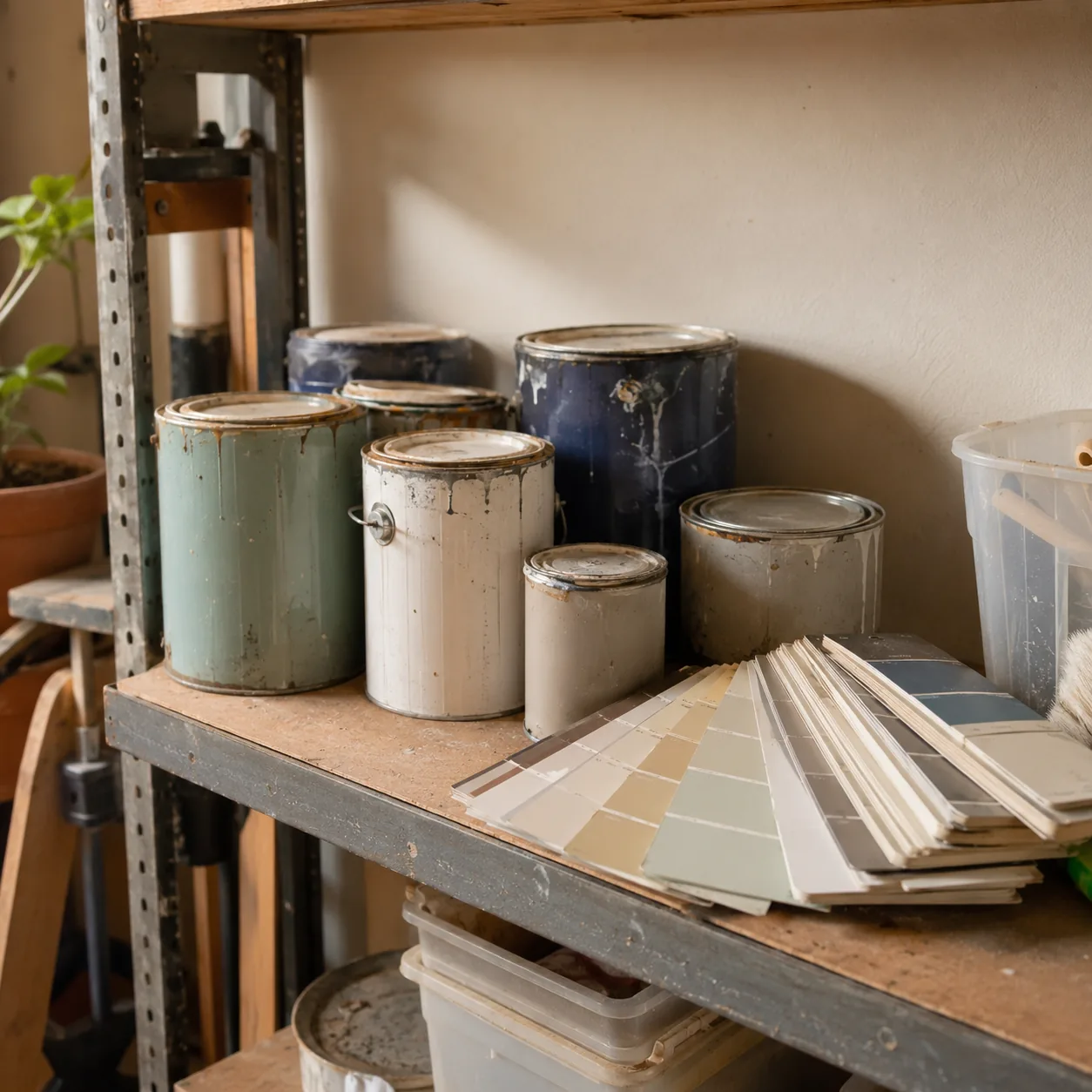Realistic editorial photo of leftover paint cans and color swatches on a garage shelf, warm natural light, practical hom