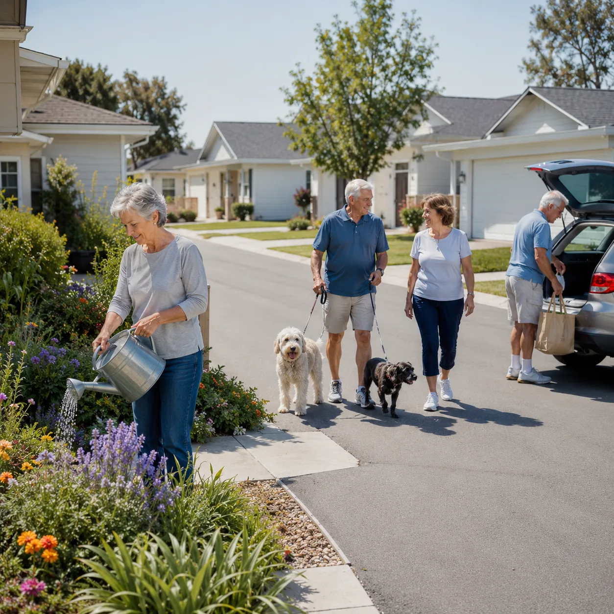 Realistic editorial photo of older neighbors watering plants, walking dogs, and leaving for errands on a quiet 55 plus c