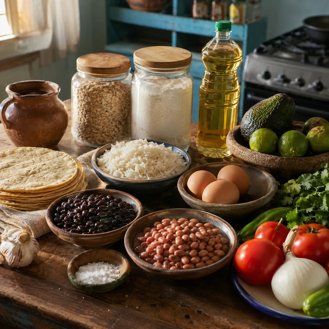 Realistic editorial photo of rice, beans, eggs, tortillas, vegetables, and pantry staples arranged on a modest kitchen t