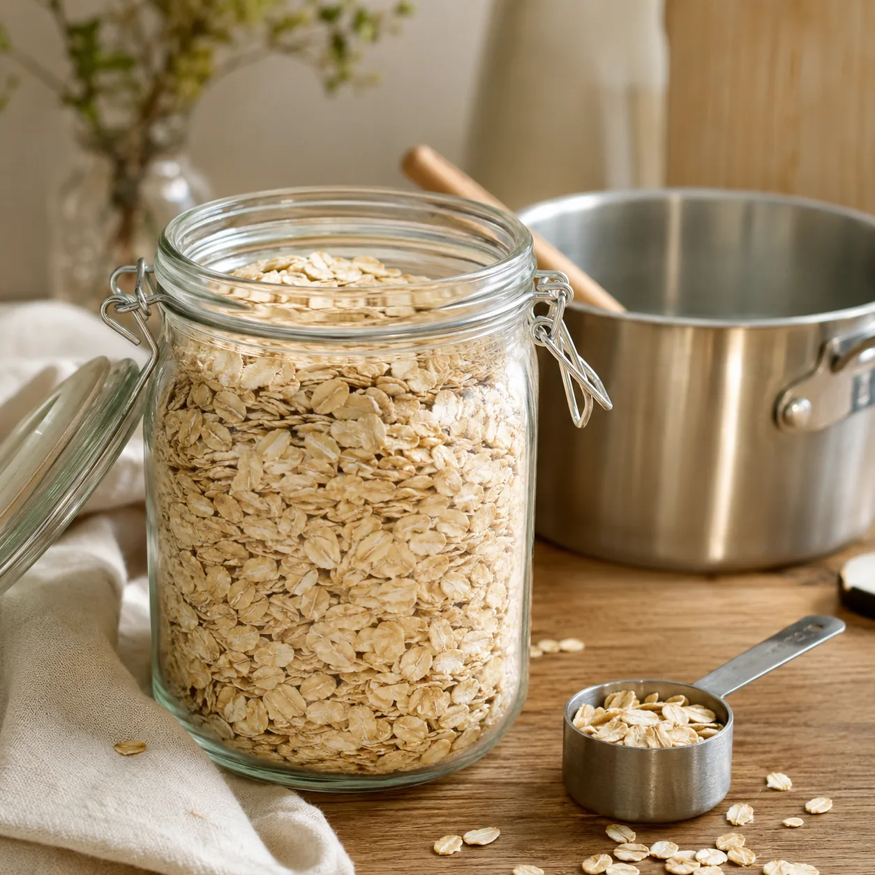 Realistic editorial photo of rolled oats in a glass pantry jar with a saucepan and measuring spoon nearby, practical bre