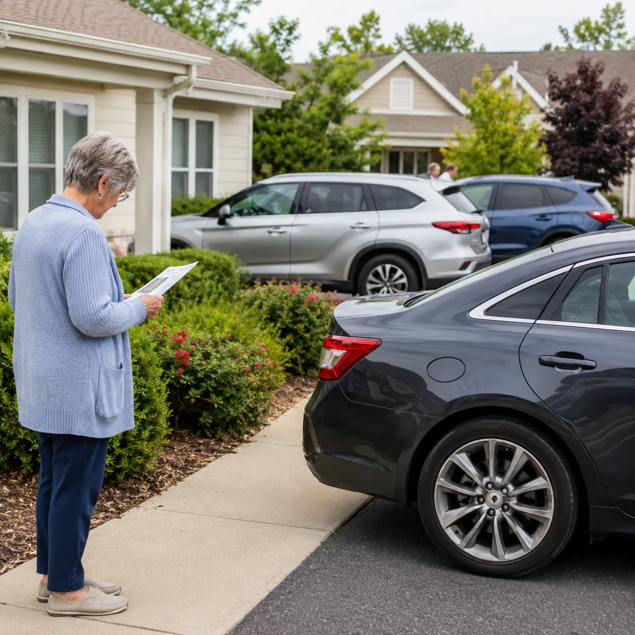 Realistic editorial photo of visiting family cars parked near a retirement community home while an older homeowner check