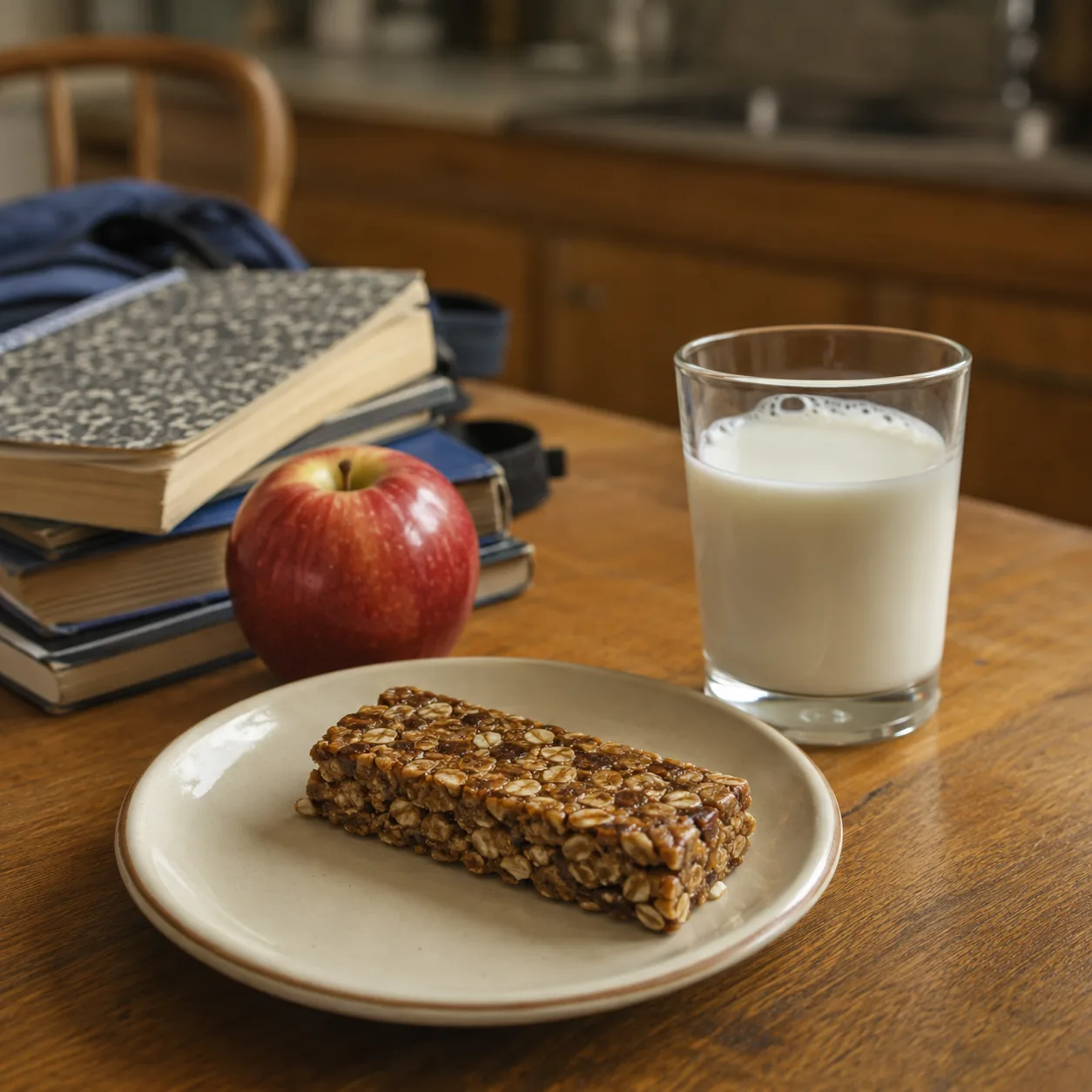 Realistic editorial photo of a chewy breakfast bar beside a glass of milk, apple, and school books on a kitchen table, p