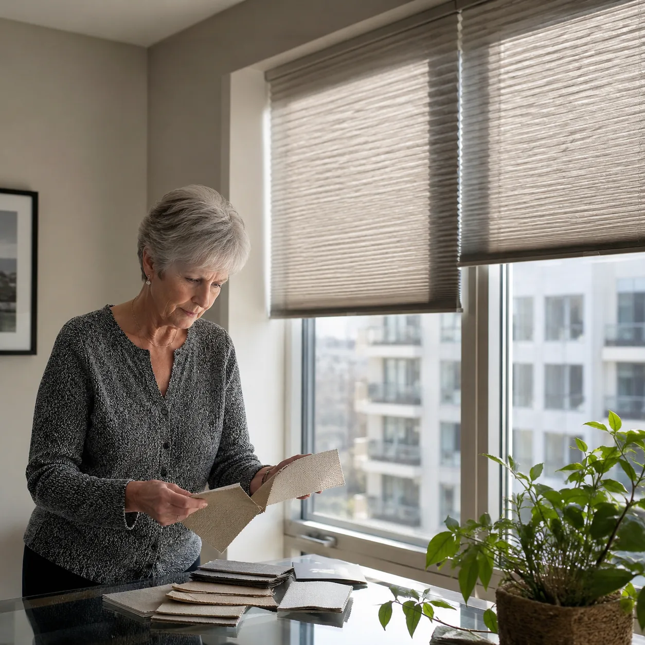 Realistic editorial photo of a condo window with neutral blinds and an older homeowner comparing fabric samples, practic