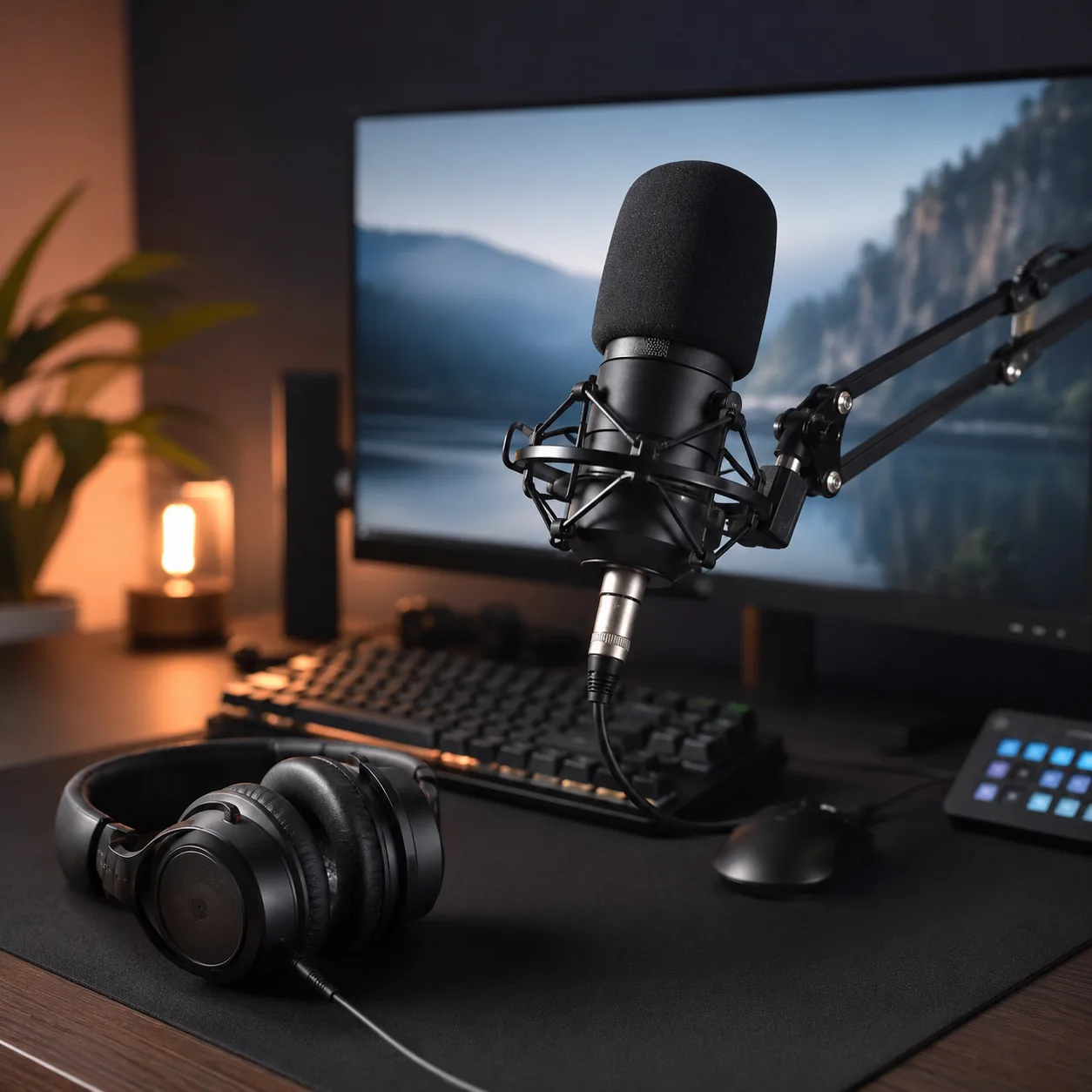 Realistic editorial photo of a desktop streaming setup with headphones and a microphone, practical creator support style