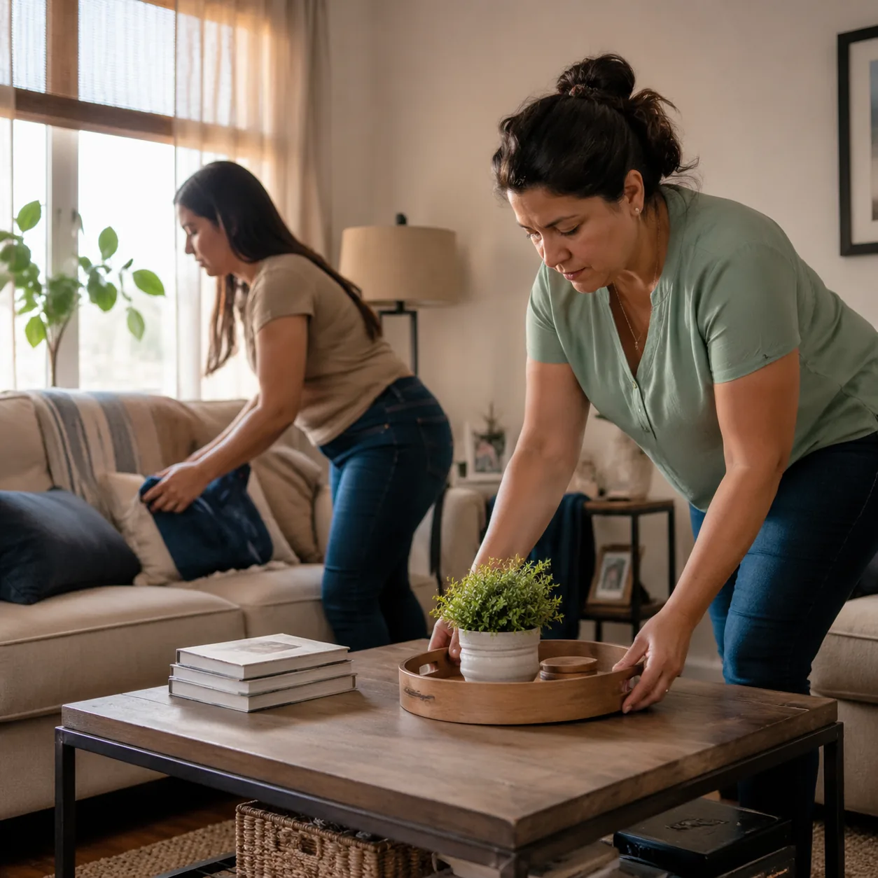 Realistic editorial photo of a Latina mother and adult child quickly tidying a living room before guests arrive, warm na