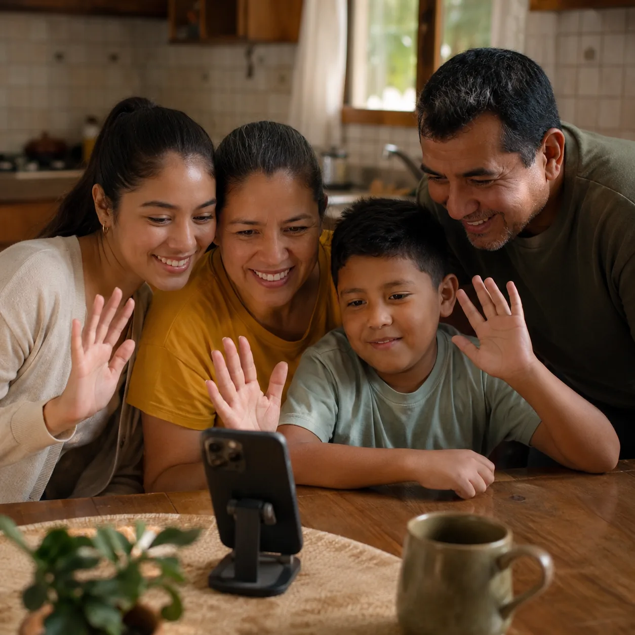 Realistic editorial photo of a Latino family gathered around a phone on speaker while calling relatives far away, cozy k